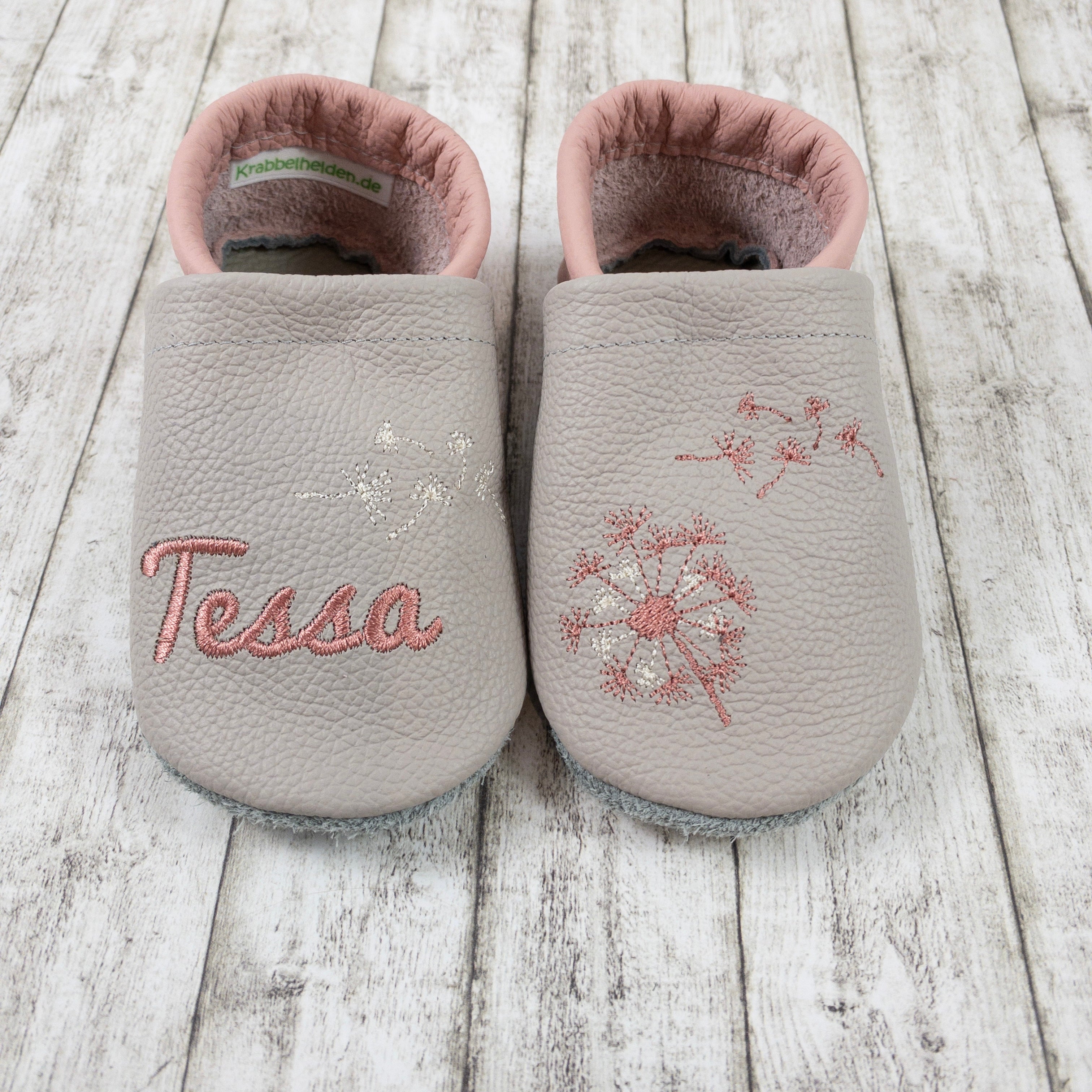 Krabbelschuhe mit Pusteblume und Personalisierung aus Echtleder