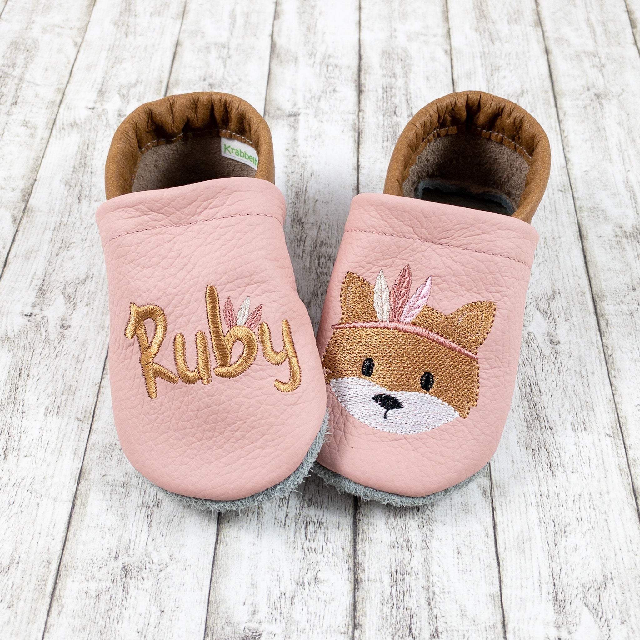 Krabbelschuhe in rosa mit Fuchs und Personalisierung aus Echtleder