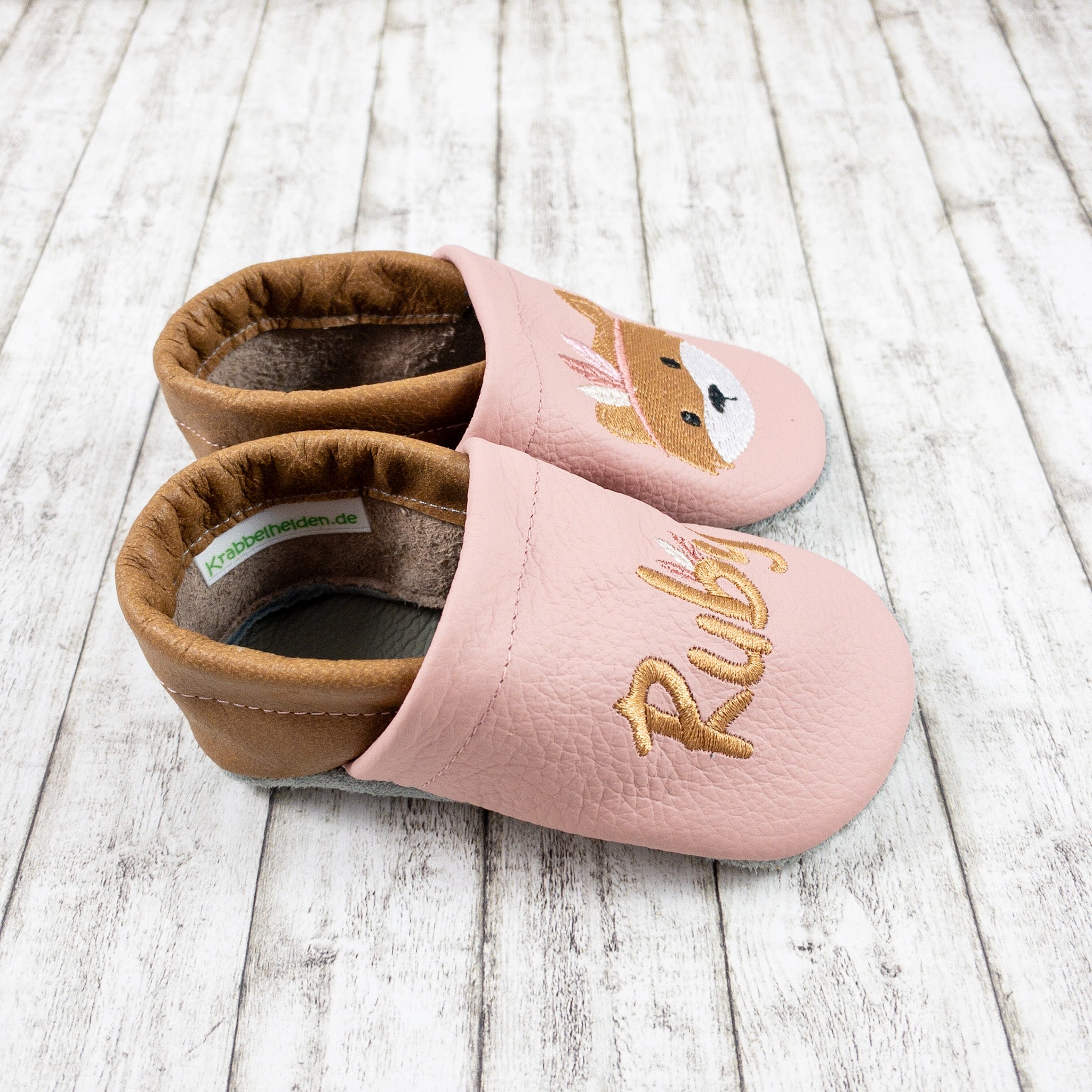 Krabbelschuhe in rosa mit Fuchs und Personalisierung aus Echtleder
