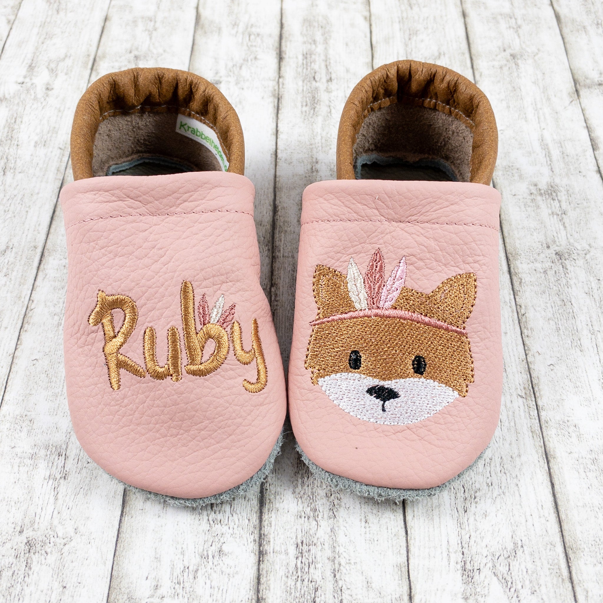 Krabbelschuhe in rosa mit Fuchs und Personalisierung aus Echtleder