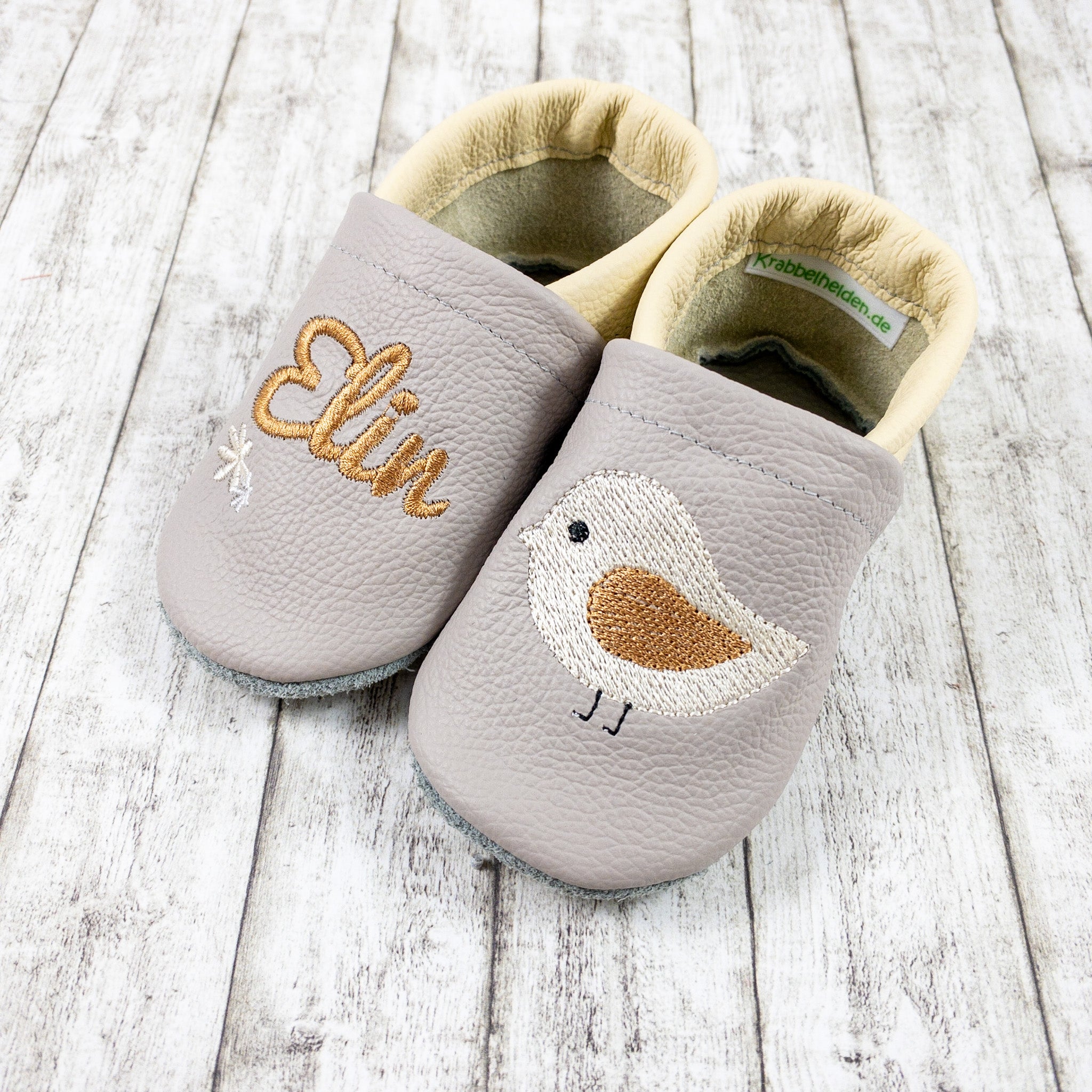 Krabbelschuhe mit Vogel und Personalisierung aus Echtleder