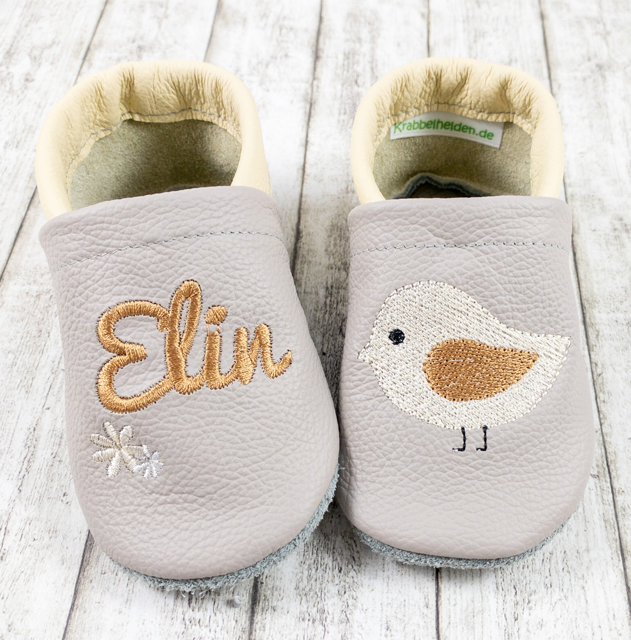 Krabbelschuhe mit Vogel und Personalisierung aus Echtleder