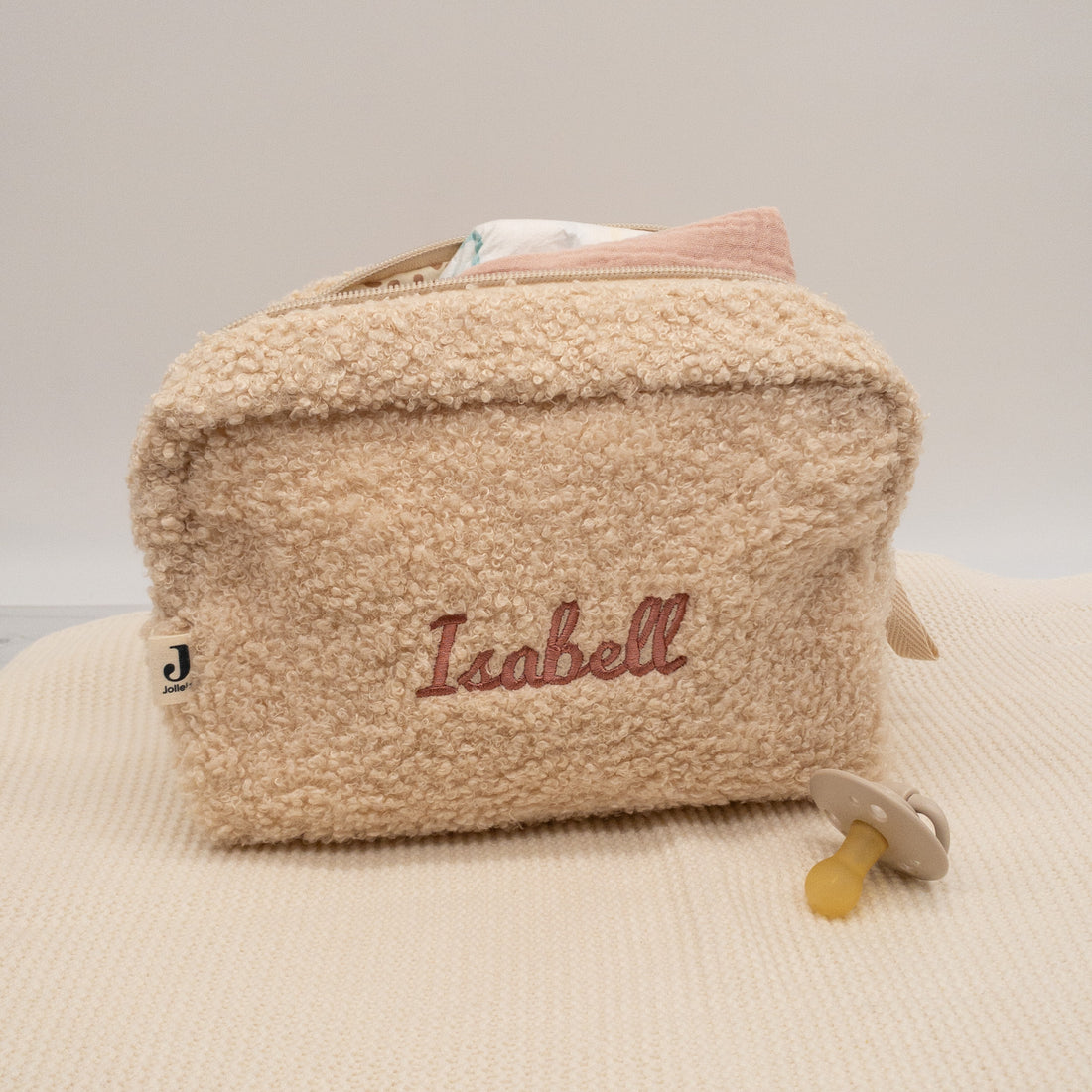 Tasche in beige aus Bouclé in beige mit Personalisierung - Kosmetiktasche - Windeltasche