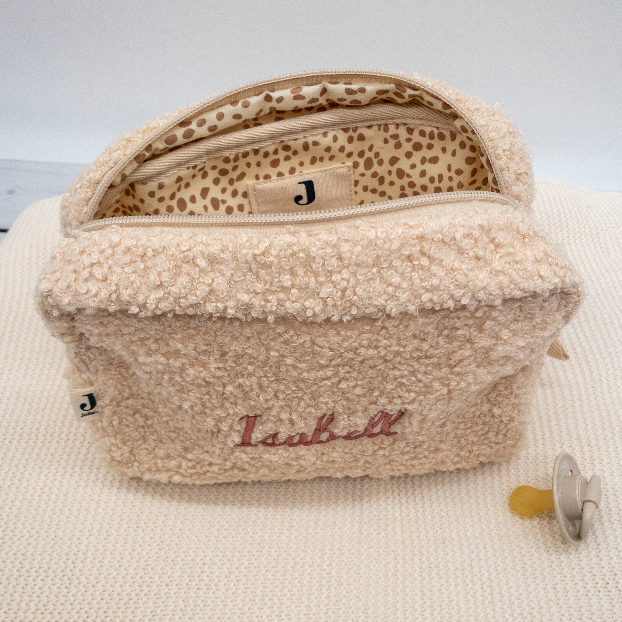 Tasche in beige aus Bouclé in beige mit Personalisierung - Kosmetiktasche - Windeltasche