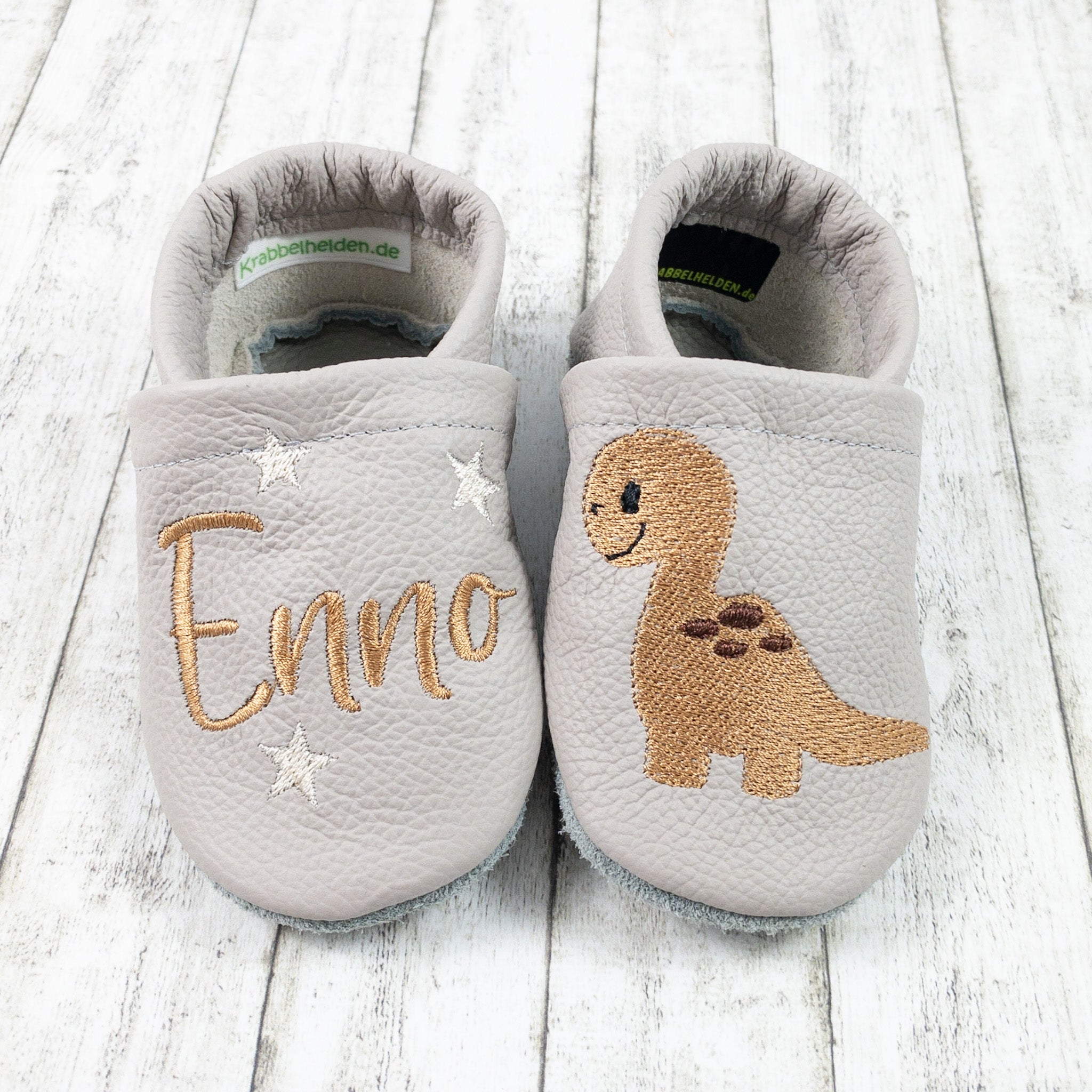 Krabbelschuhe mit Dino mit Name bestickt aus Echtleder