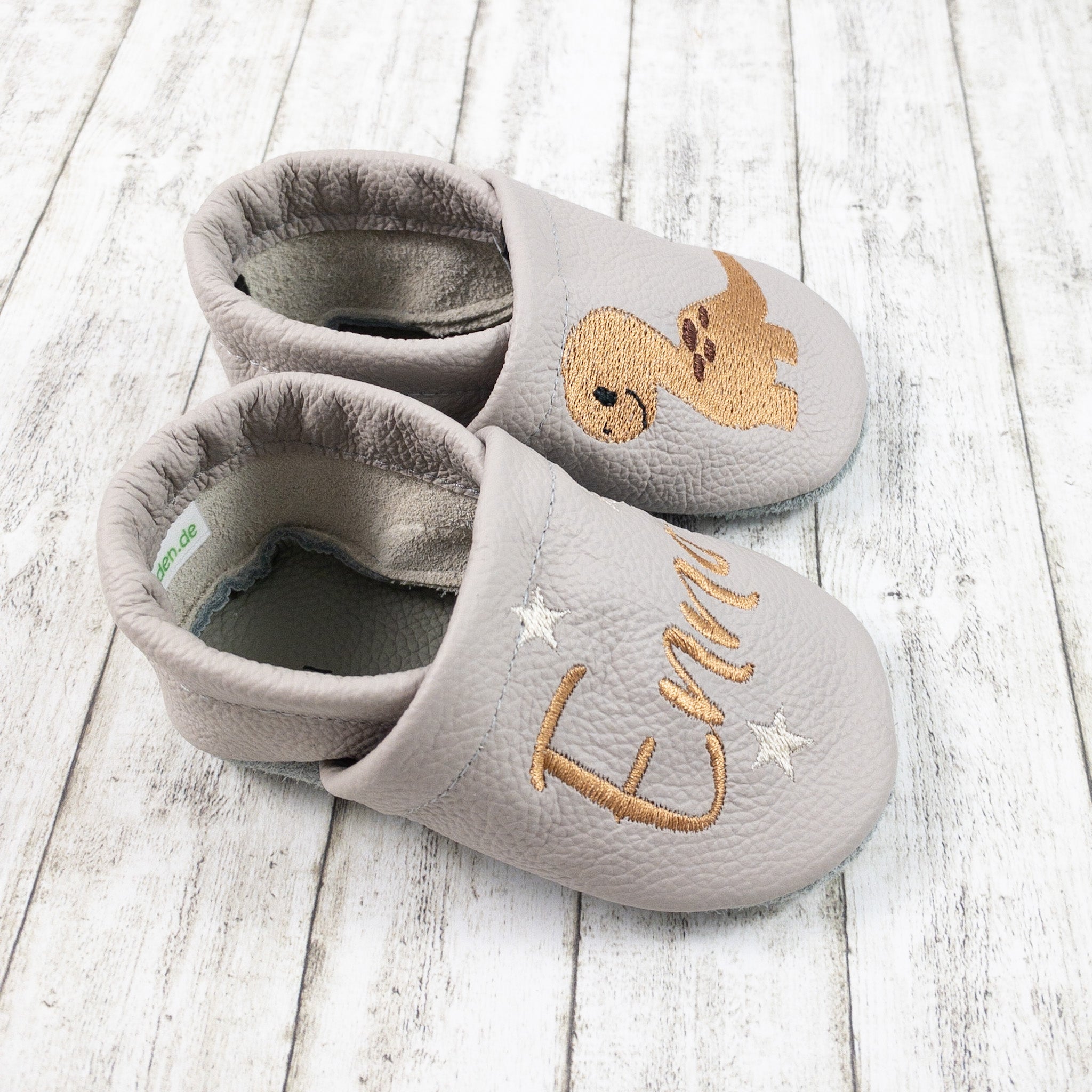 Krabbelschuhe mit Dino mit Name bestickt aus Echtleder
