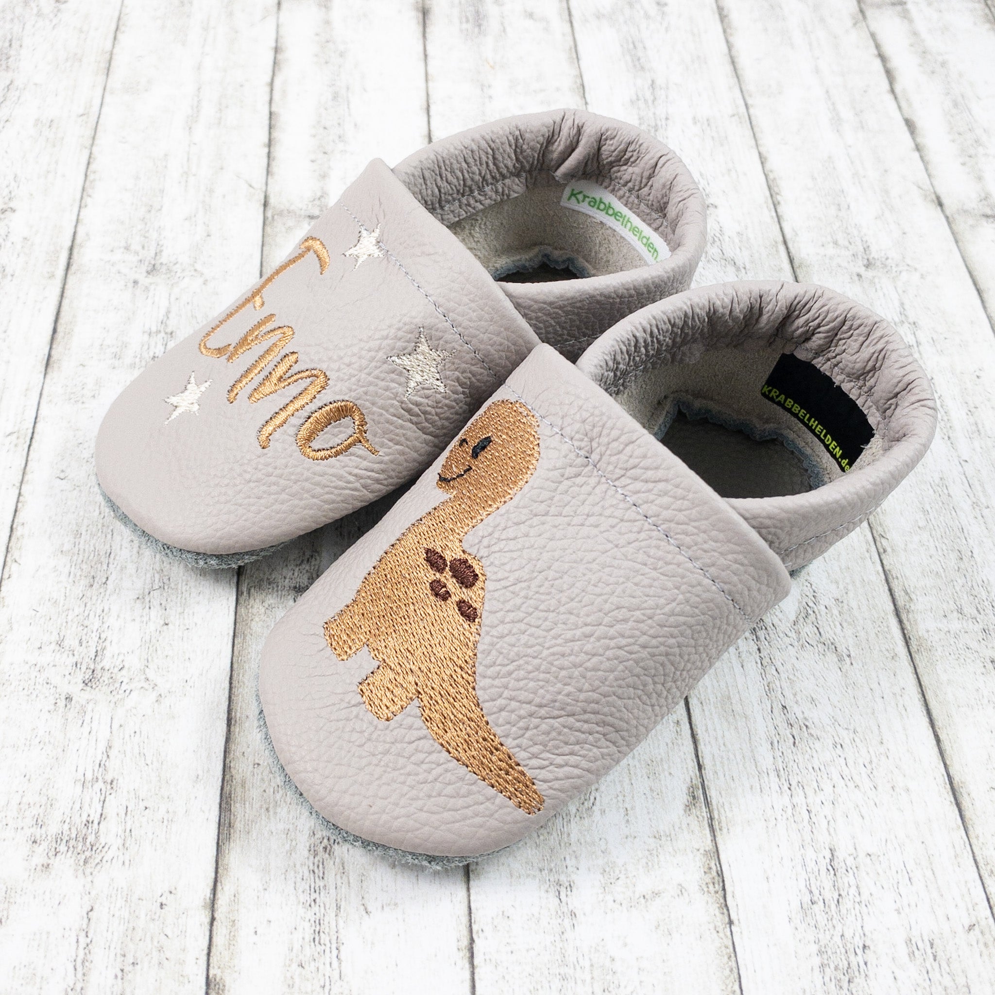 Krabbelschuhe mit Dino mit Name bestickt aus Echtleder