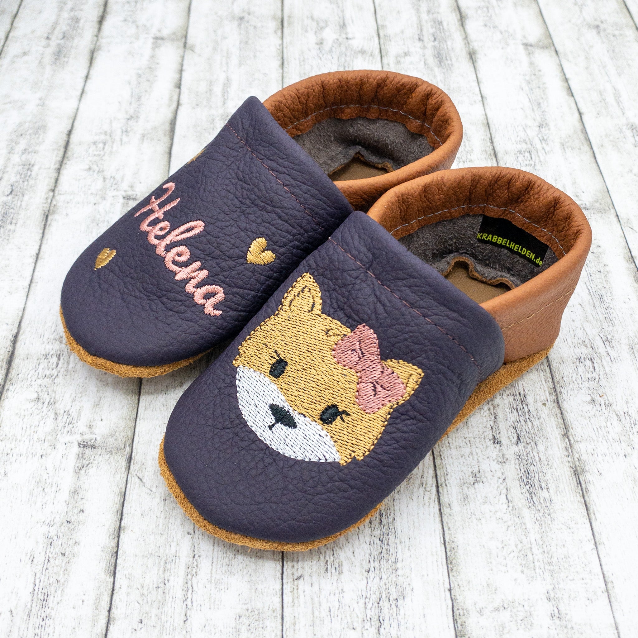 Krabbelschuhe mit Fuchsmädchen und Personalisierung aus Echtleder