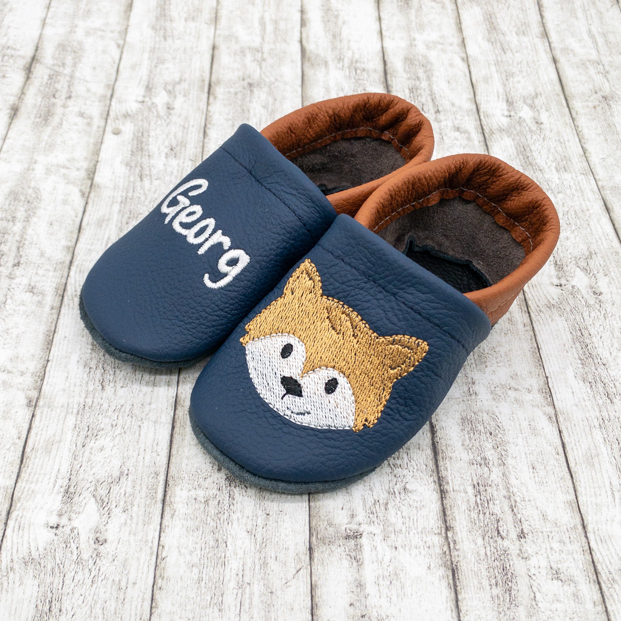 Krabbelschuhe mit Fuchs und Personalisierung aus Echtleder