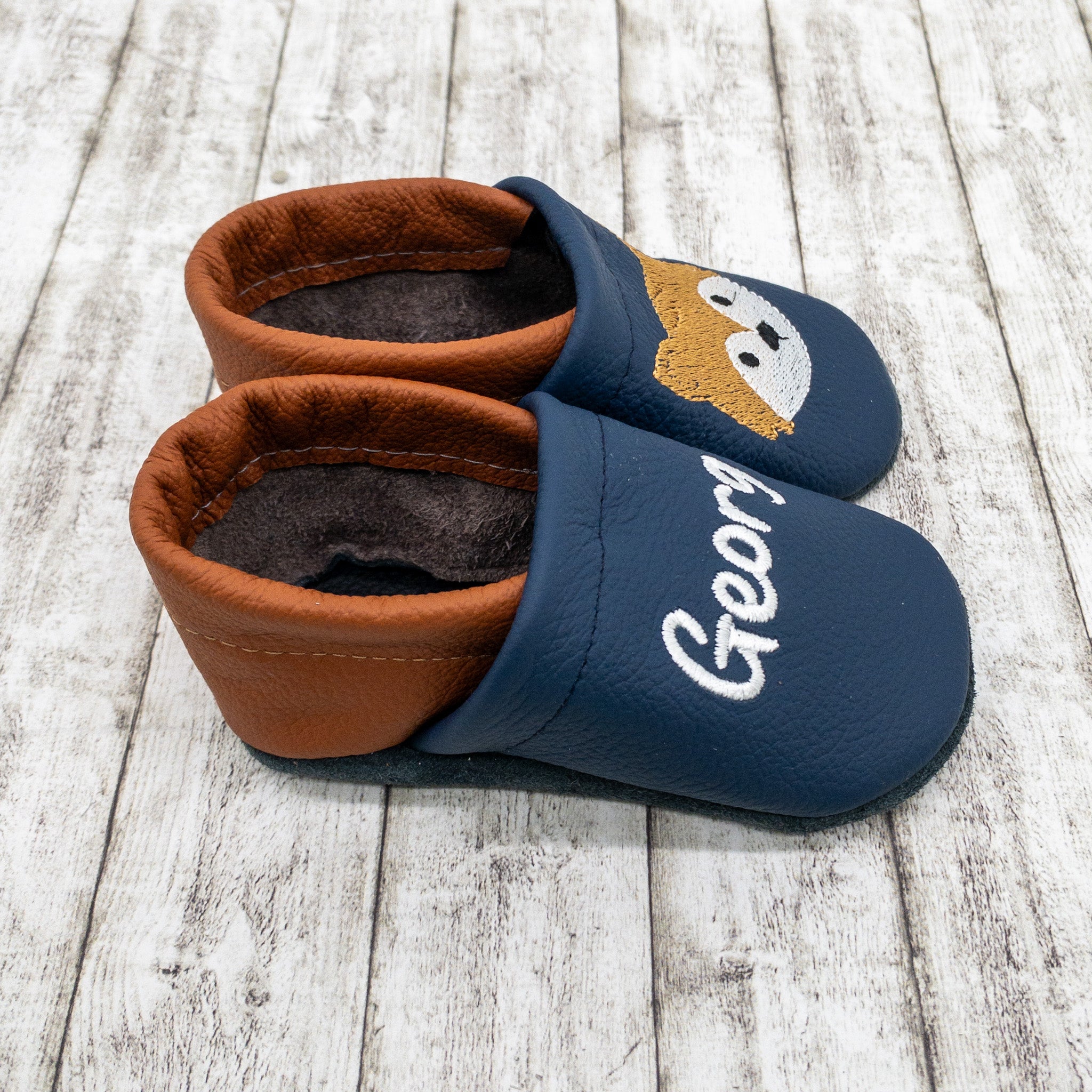 Krabbelschuhe mit Fuchs und Personalisierung aus Echtleder