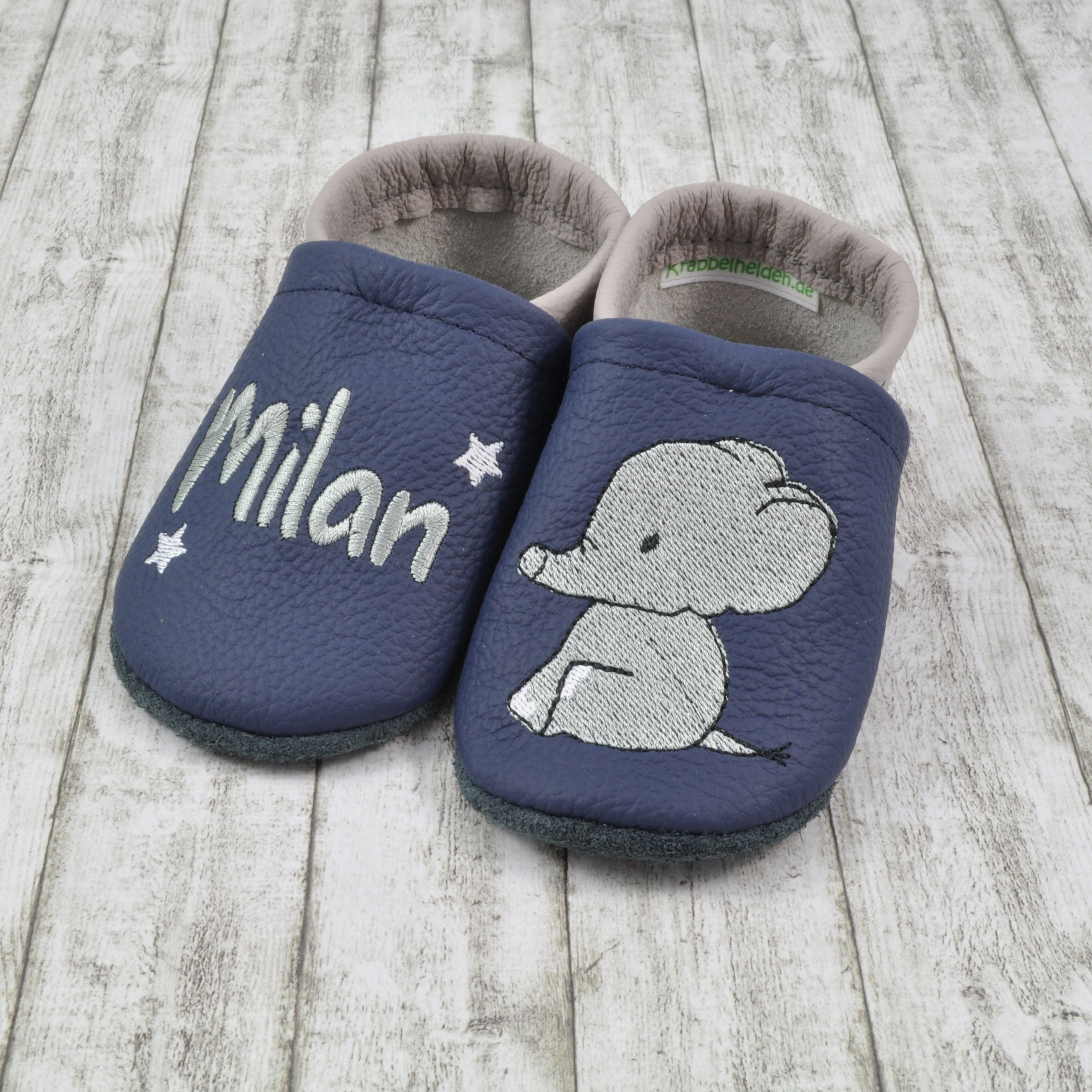 Krabbelschuhe mit Elefant und Personalisierung aus Echtleder
