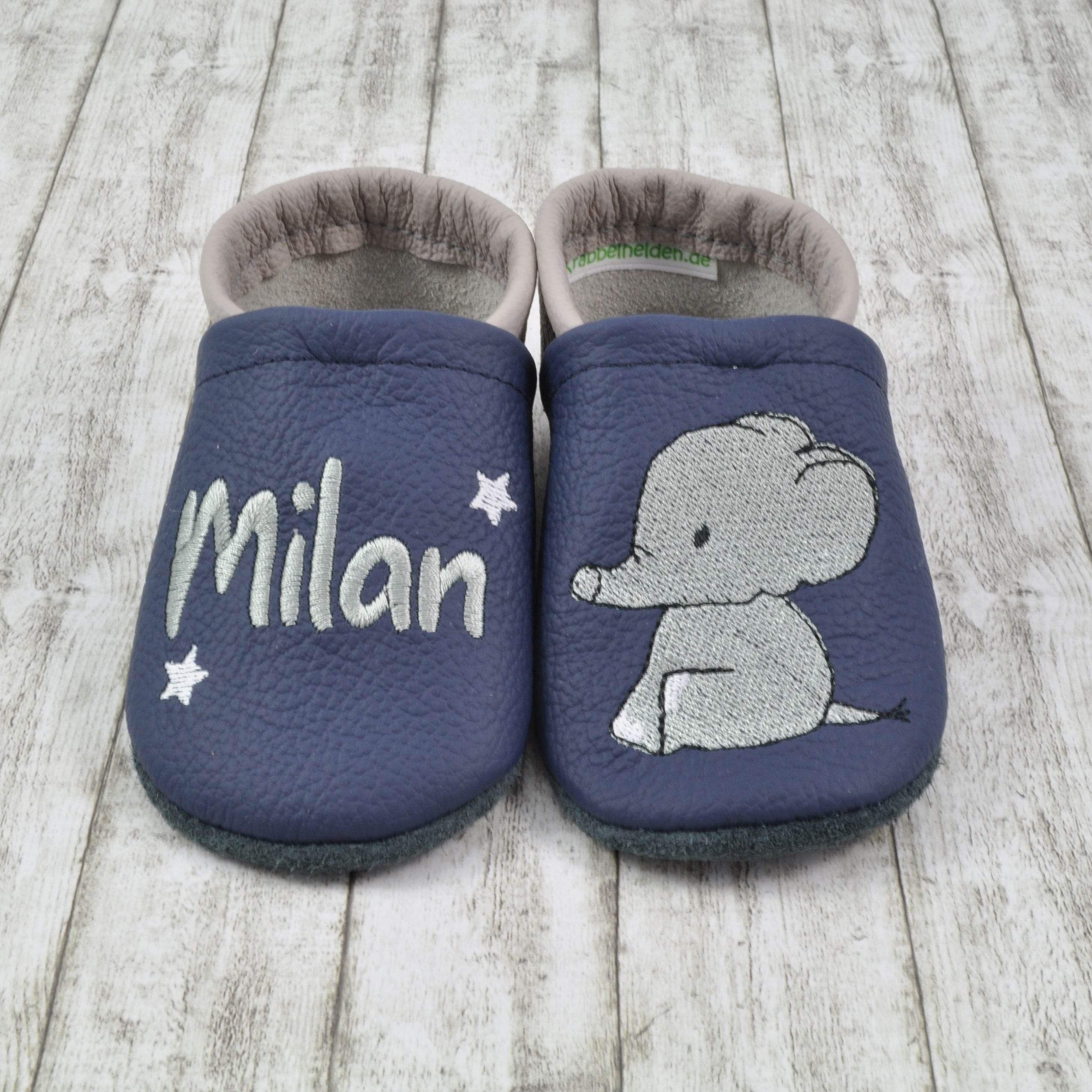 Krabbelschuhe mit Elefant und Personalisierung aus Echtleder