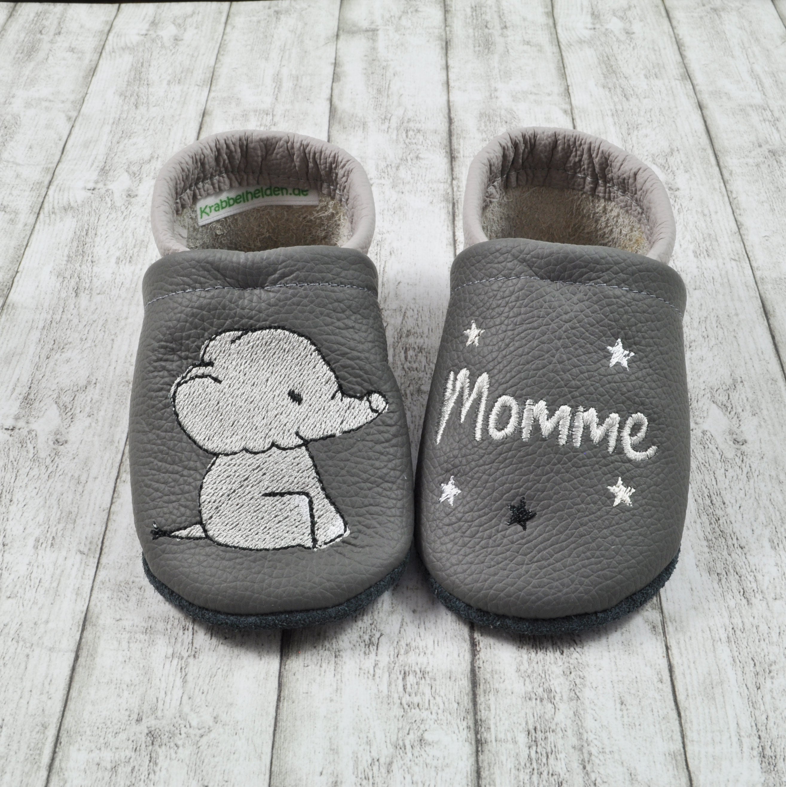 Krabbelschuhe mit Elefant und Personalisierung aus Echtleder