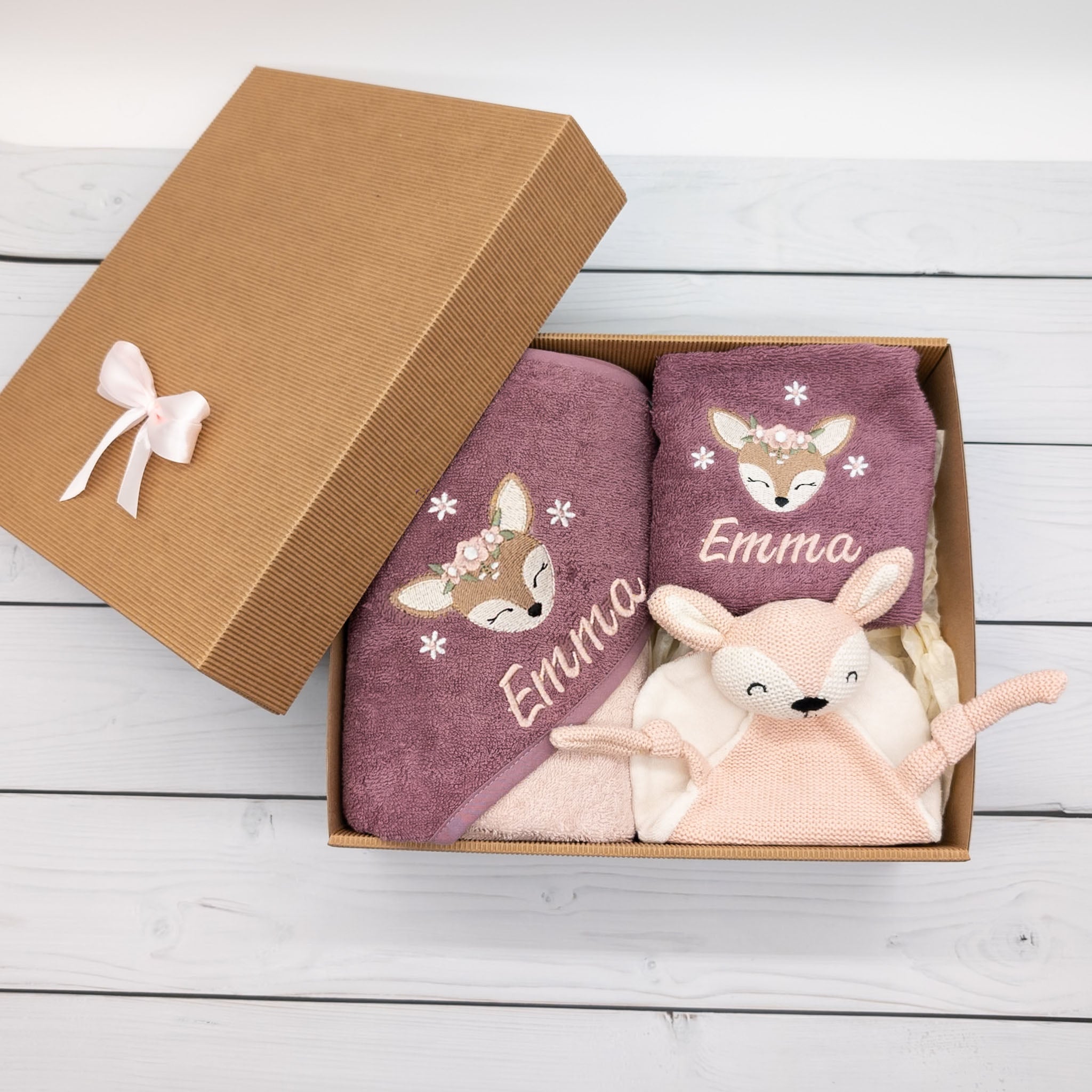 Geschenk-Set Reh - Kapuzenhandtuch und Krabbelschuhe und Schmusetuch