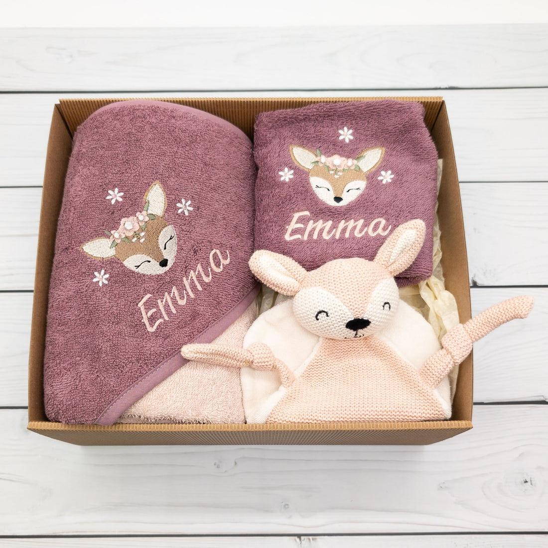 Geschenk-Set Reh - Kapuzenhandtuch und Krabbelschuhe und Schmusetuch