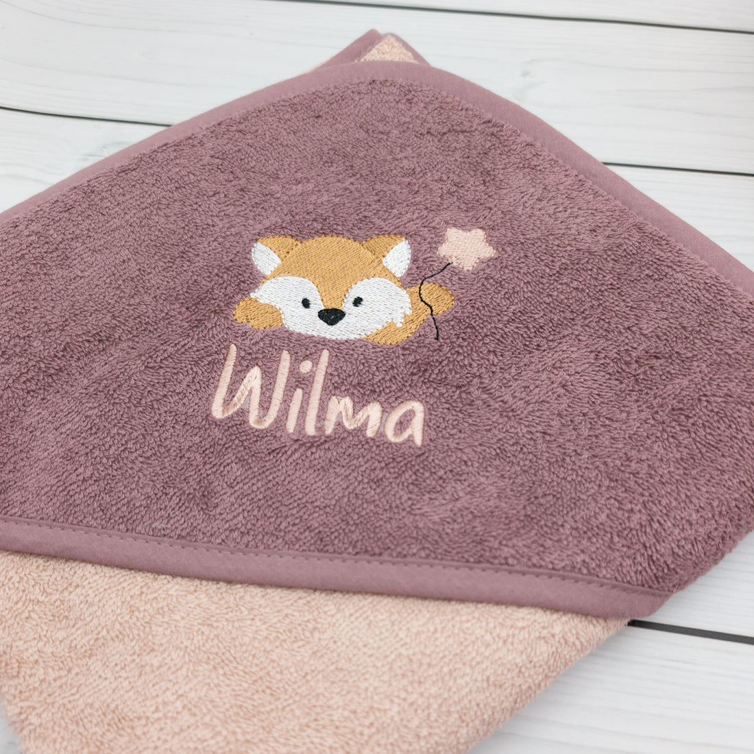 Personalisiertes Kapuzenhandtuch mit Fuchs und Luftballon - mit Name in 100x100cm aus weichem Frottee