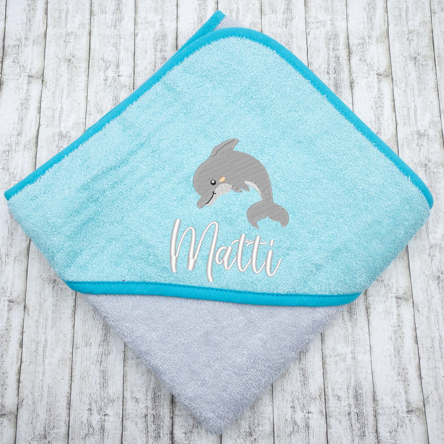 Personalisiertes Kapuzenhandtuch Delfin mit Namen