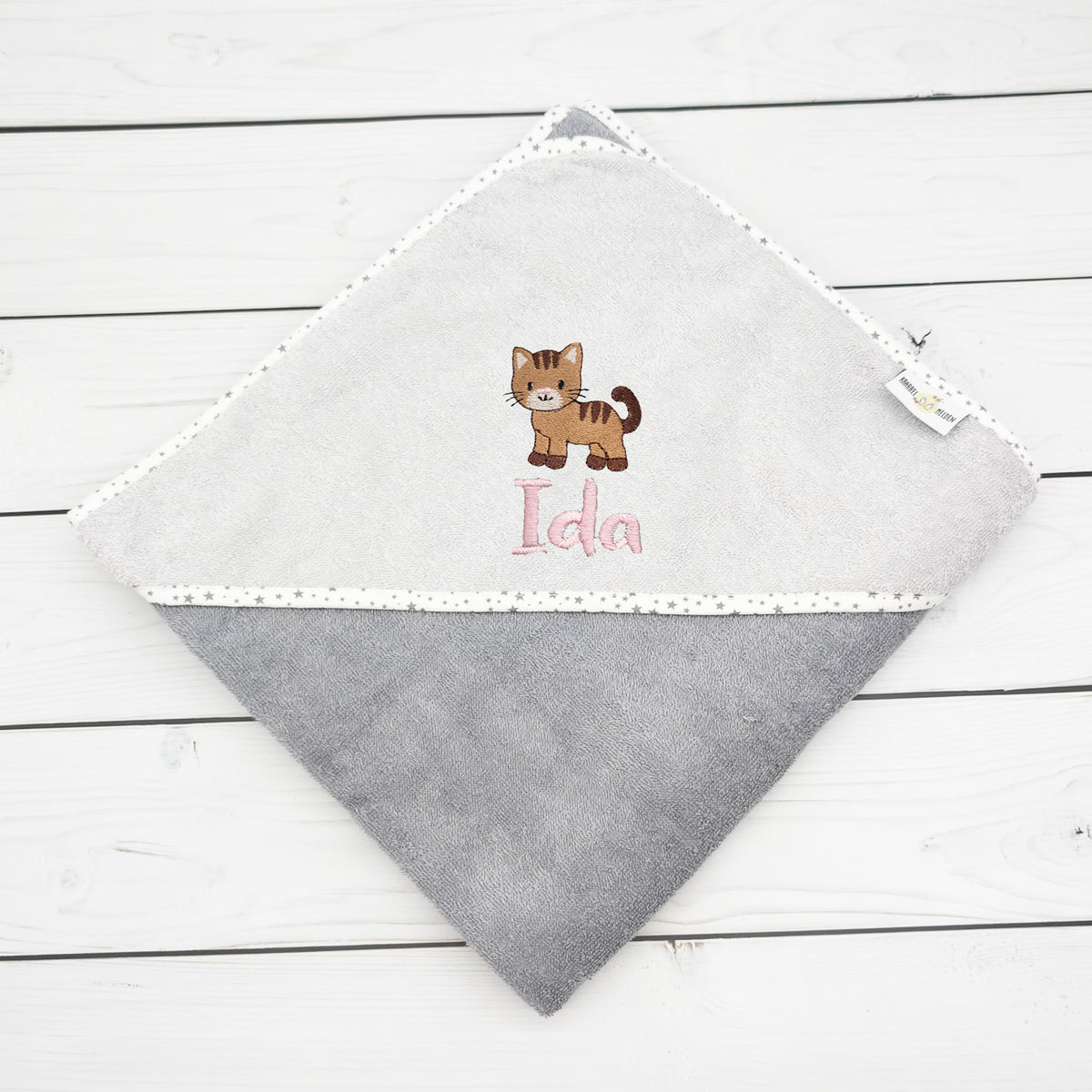 Kapuzenhandtuch mit Katze und mit Name personalisiert 100 x 100cm Babygeschenk