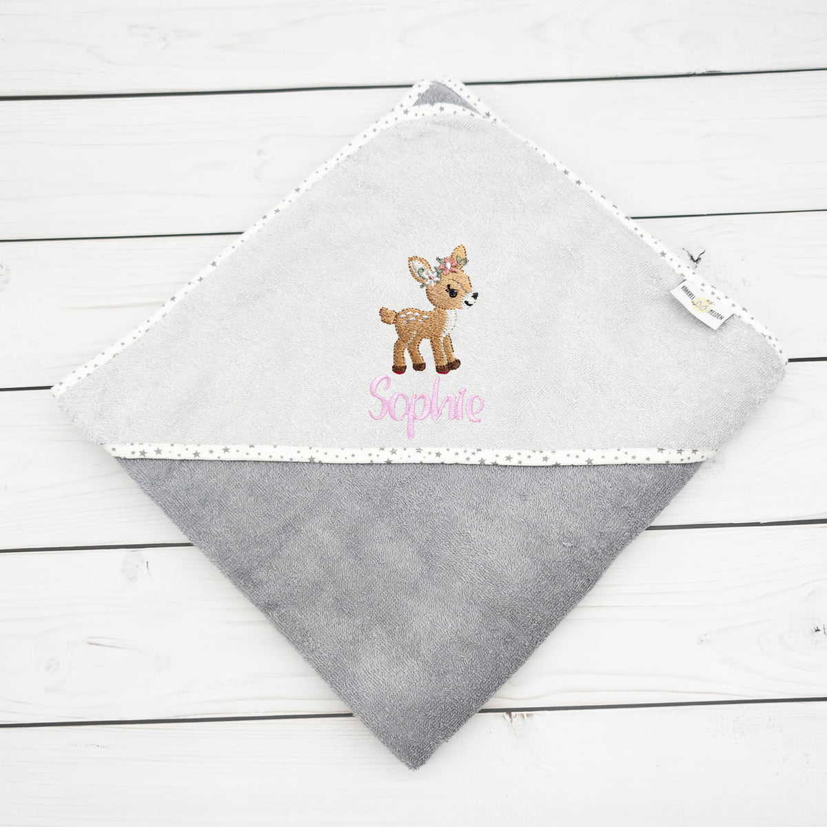 Kapuzenhandtuch mit Reh und mit Name personalisiert 100 x 100cm Babygeschenk