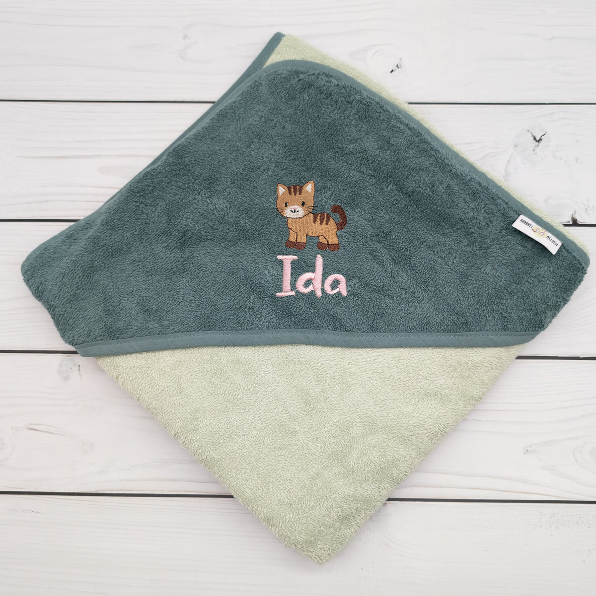 Kapuzenhandtuch mit Katze und mit Name personalisiert 100 x 100cm Babygeschenk