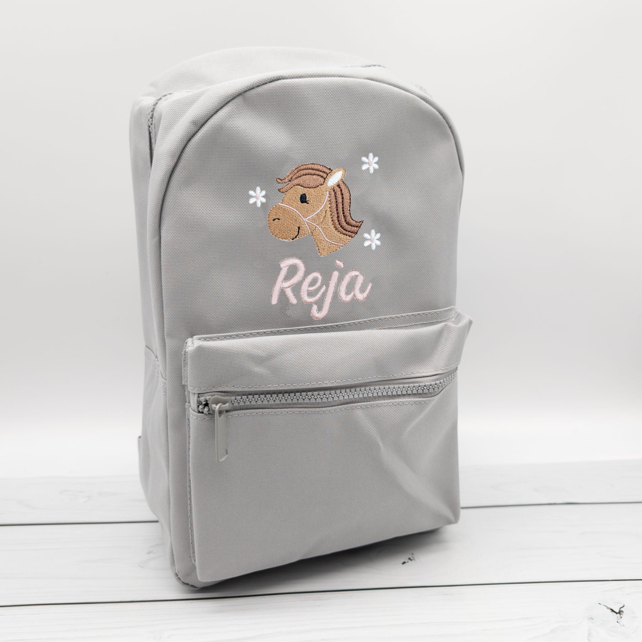 Kinderrucksack personalisiert mit Name und Pferdkopf und Blumen 6 Farben wählbar (Kopie)