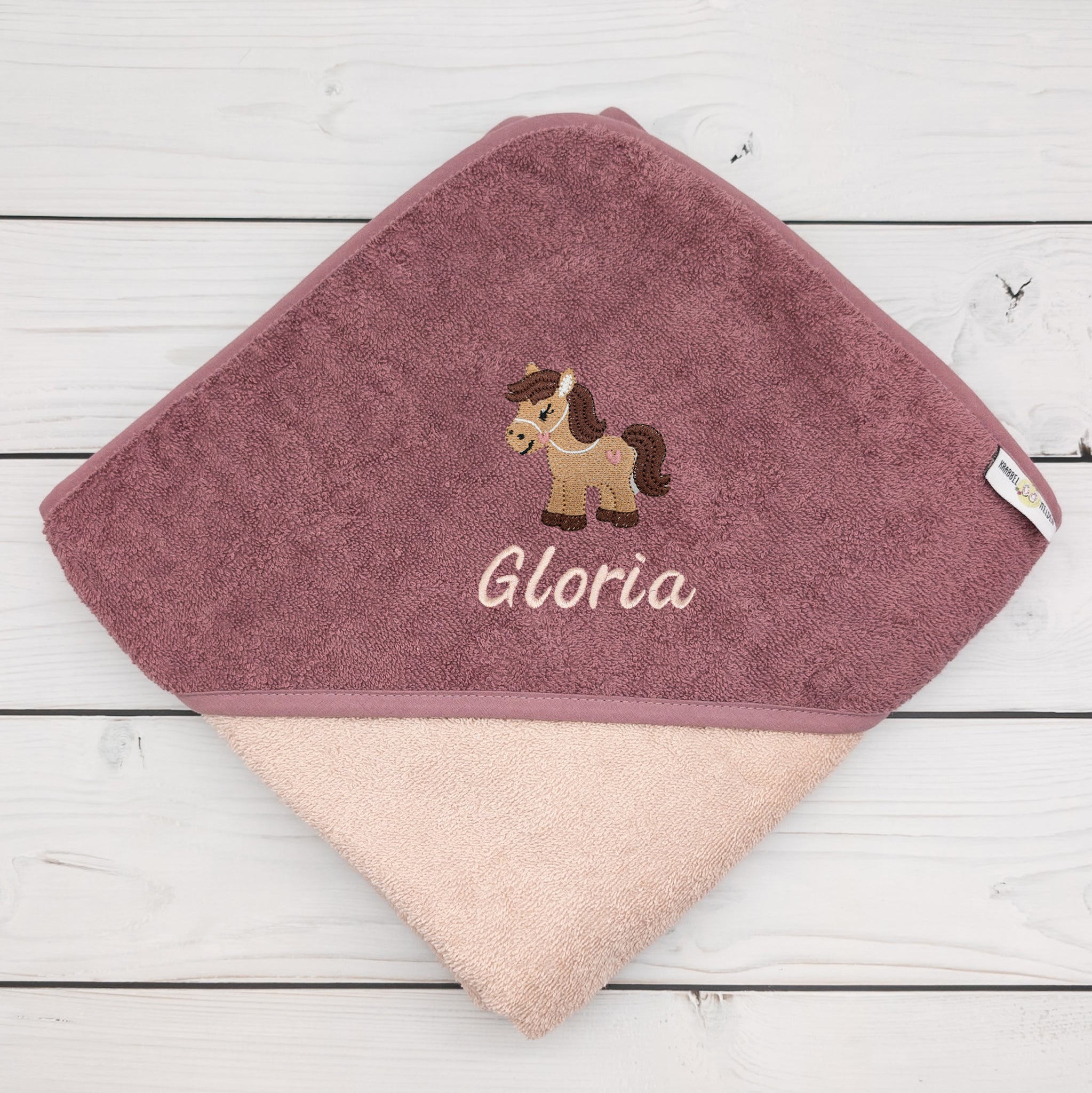 Kapuzenhandtuch mit Pferd und mit Namen personalisiert 100 x 100cm Babygeschenk