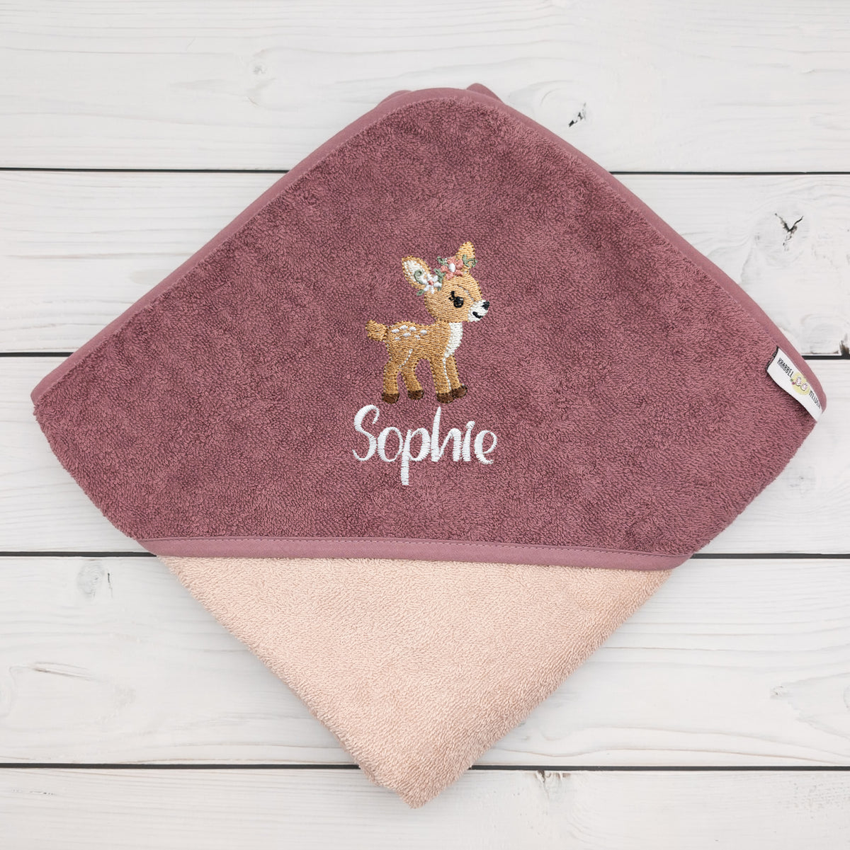Kapuzenhandtuch mit Reh und mit Name personalisiert 100 x 100cm Babygeschenk