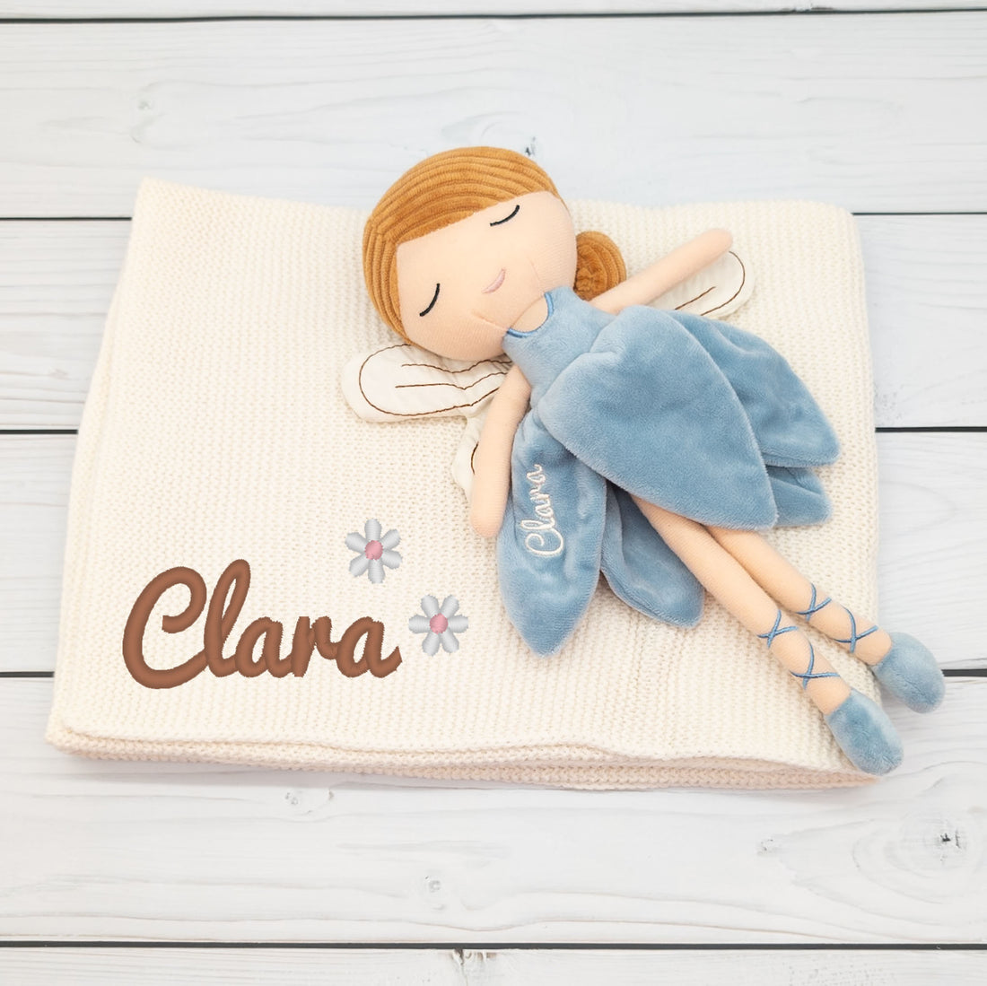Geschenk-Set Fee - Babydecke und Kuschelpuppe Fee mit Namen bestickt - personalisiertes Geschenk zur Geburt