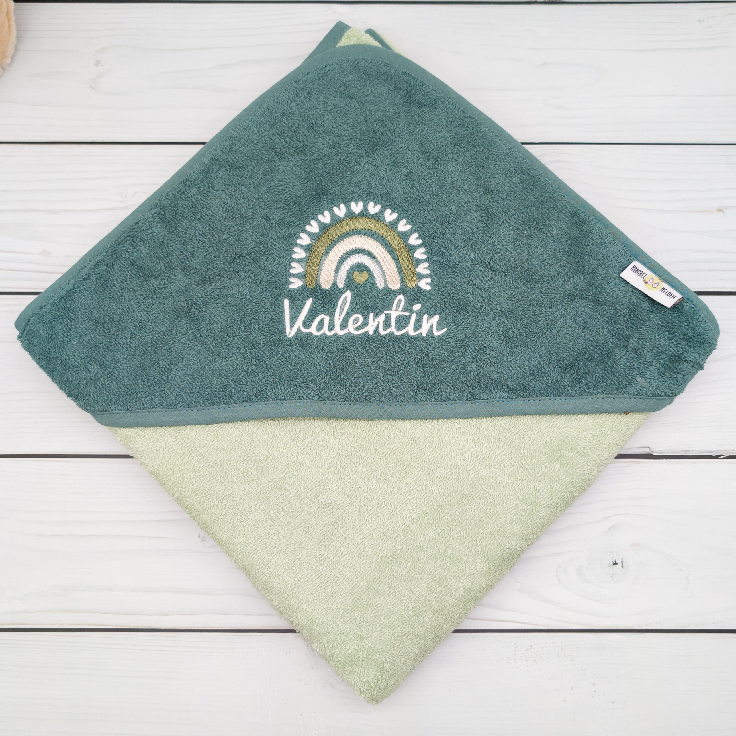 Kapuzenhandtuch mit Regenbogen und mit Namen personalisiert 100 x 100cm Babygeschenk