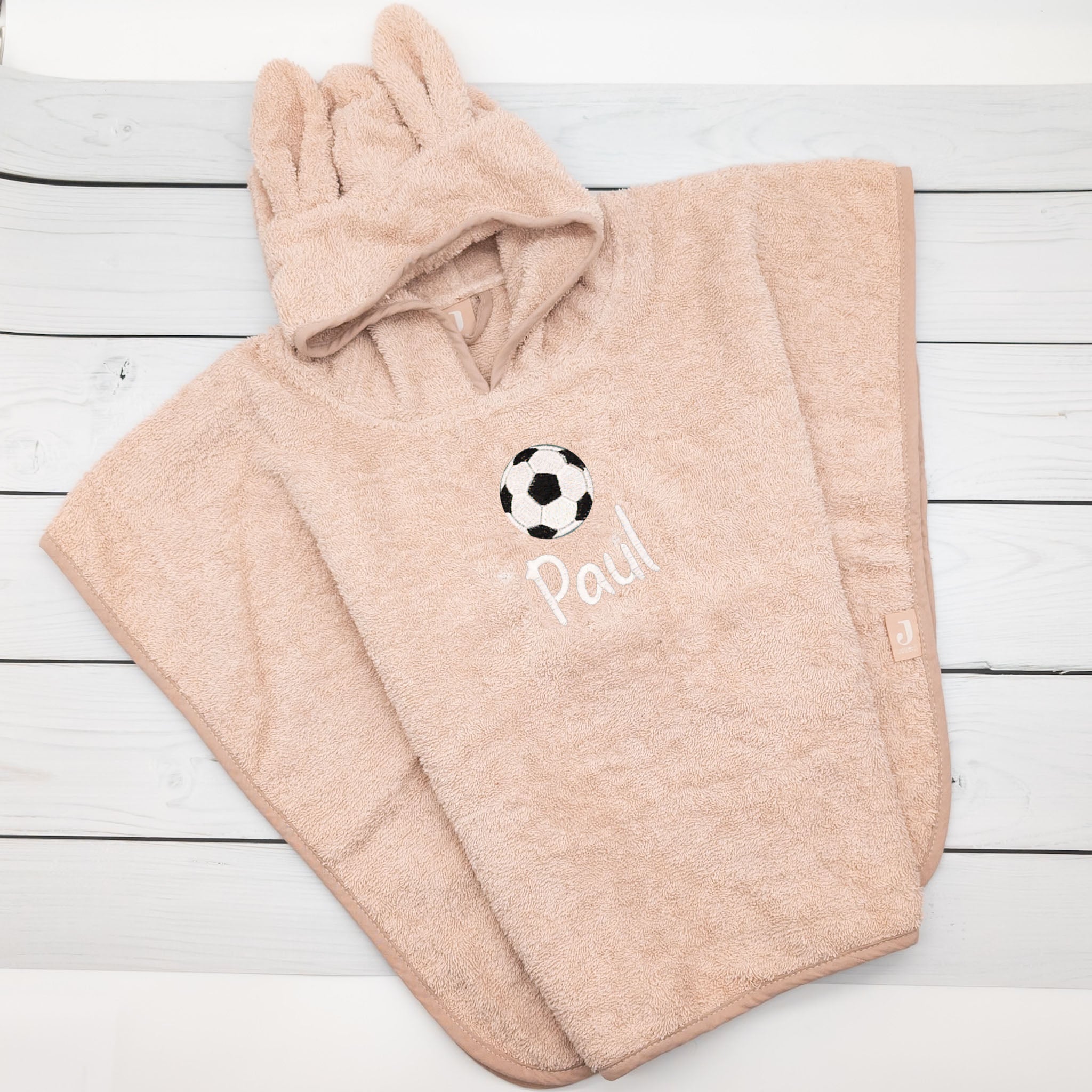 Badeponcho aus Baumwoll Frottee mit Fussball und Name von Krabbelhelden