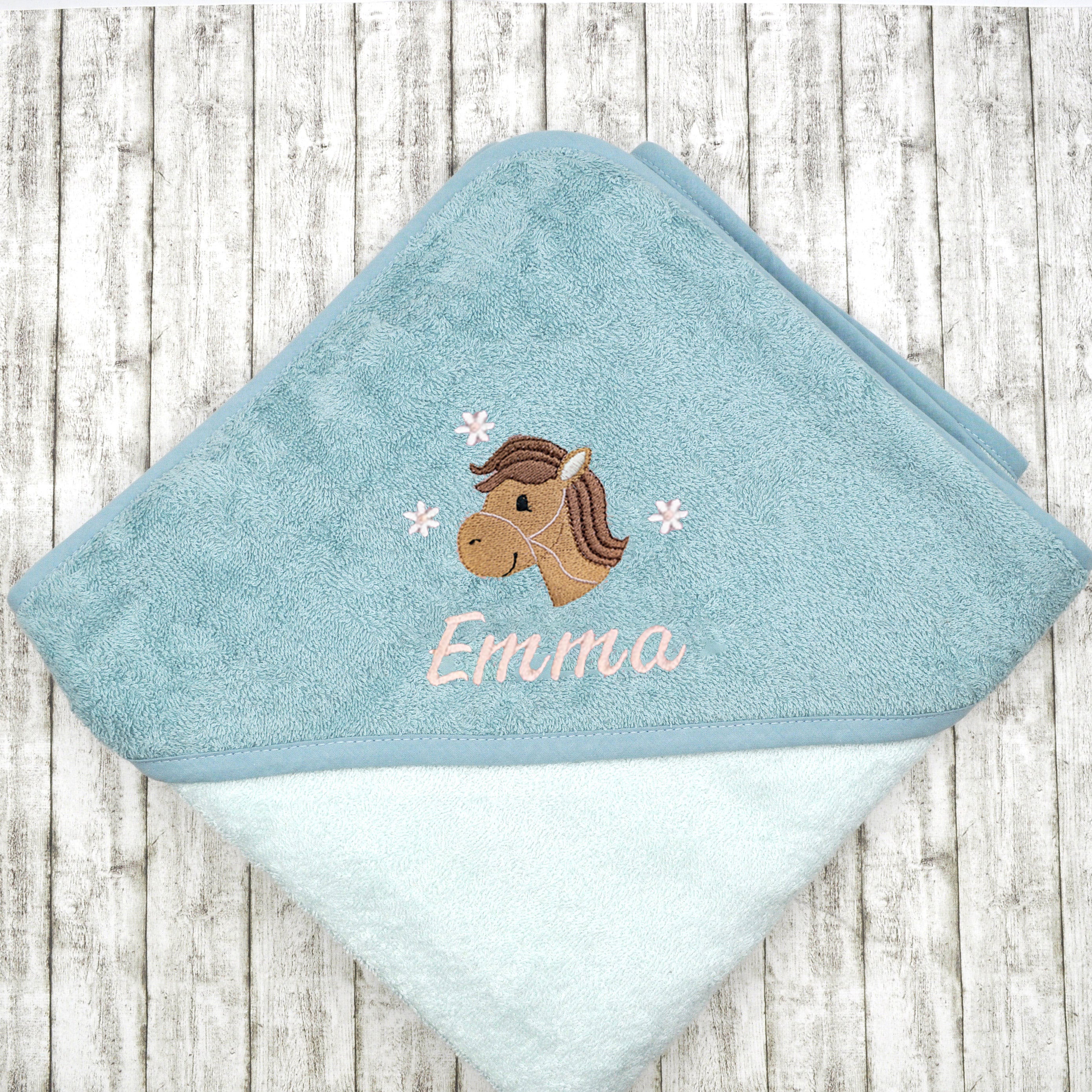 Kapuzenhandtuch für Babys und Kinder in 100x100cm mit Pferd mit Namen personalisiert Geschenk Geburt mit Namen