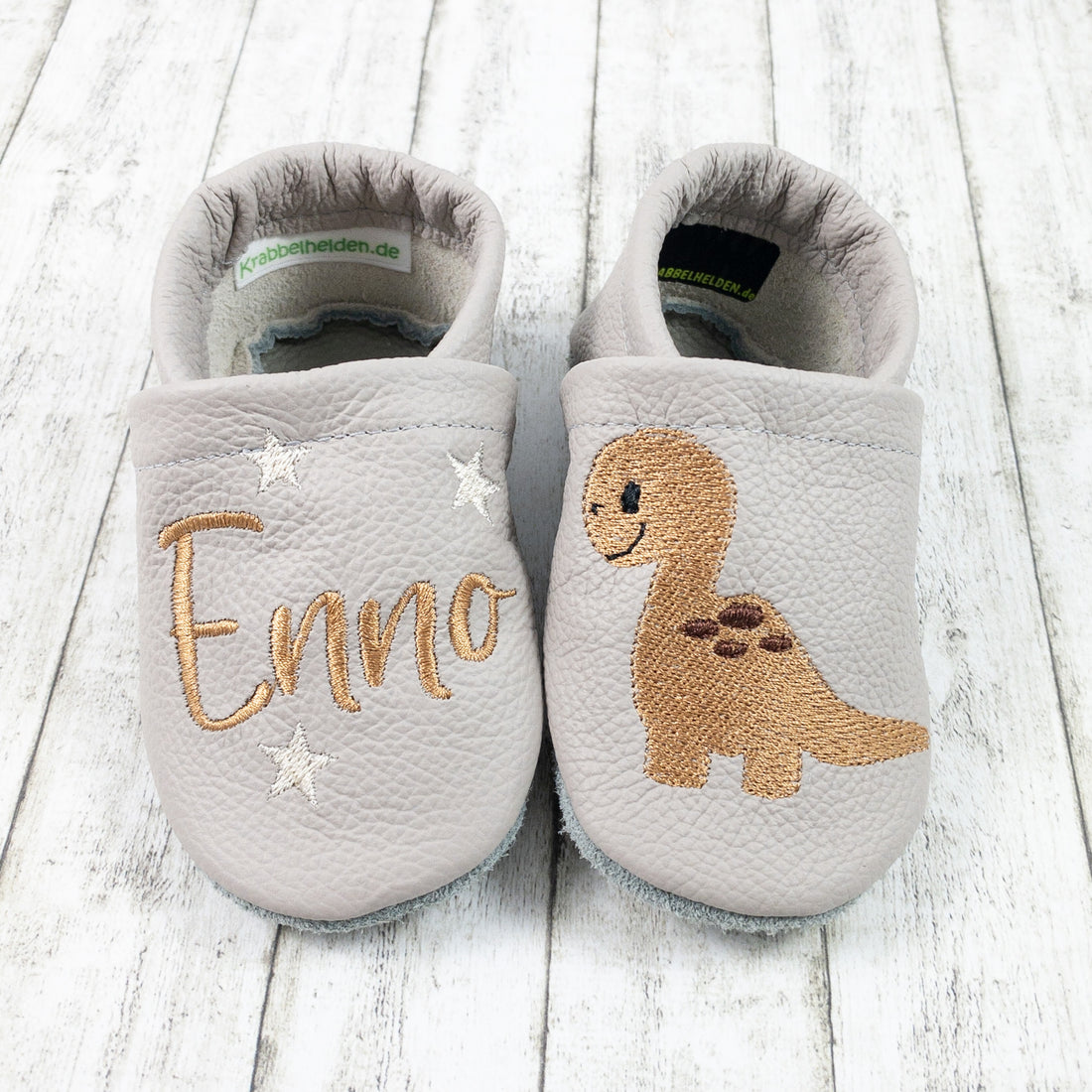 Krabbelschuhe mit Dino mit Name bestickt aus Echtleder