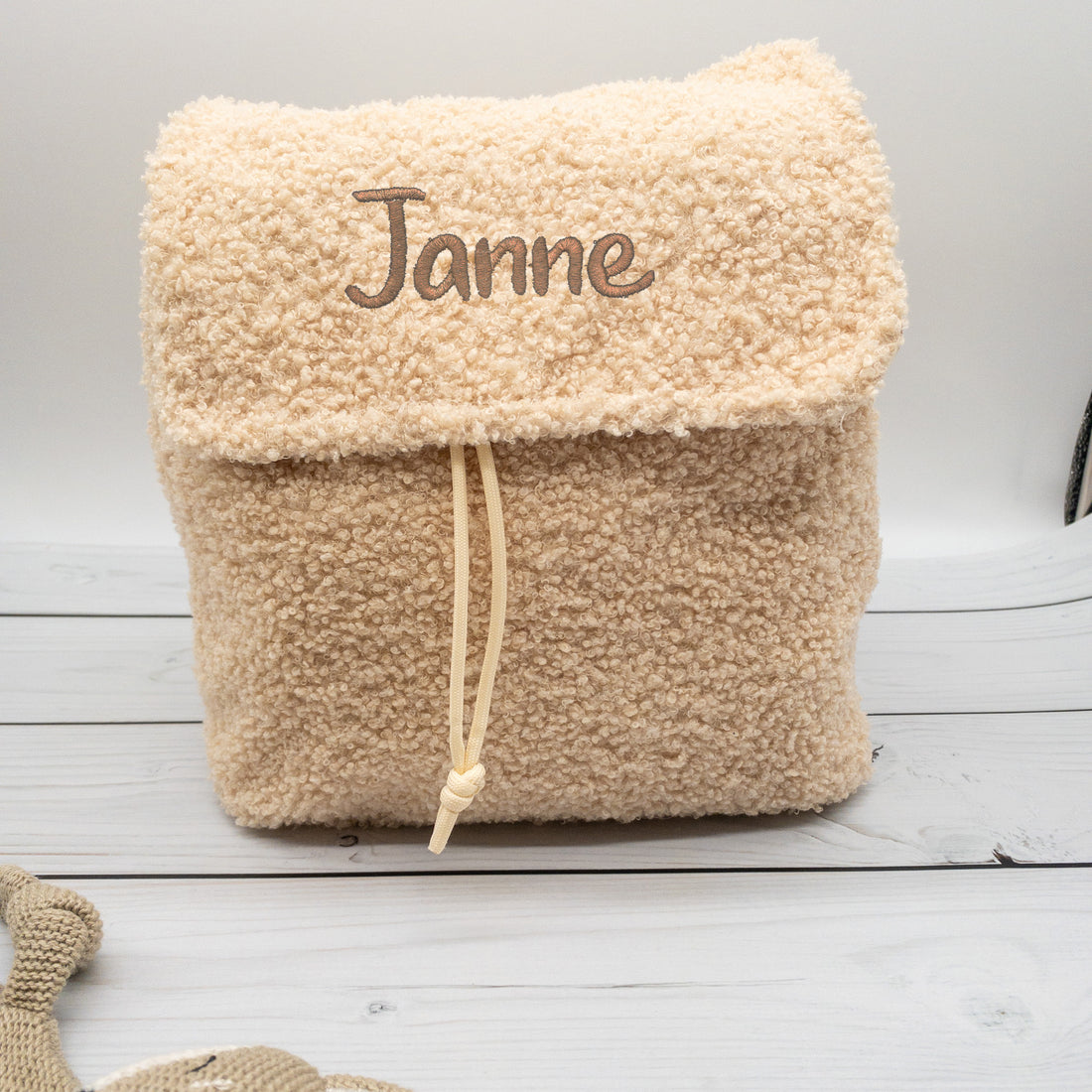 Teddy Kinderrucksack beige personalisiert aus Bouclé