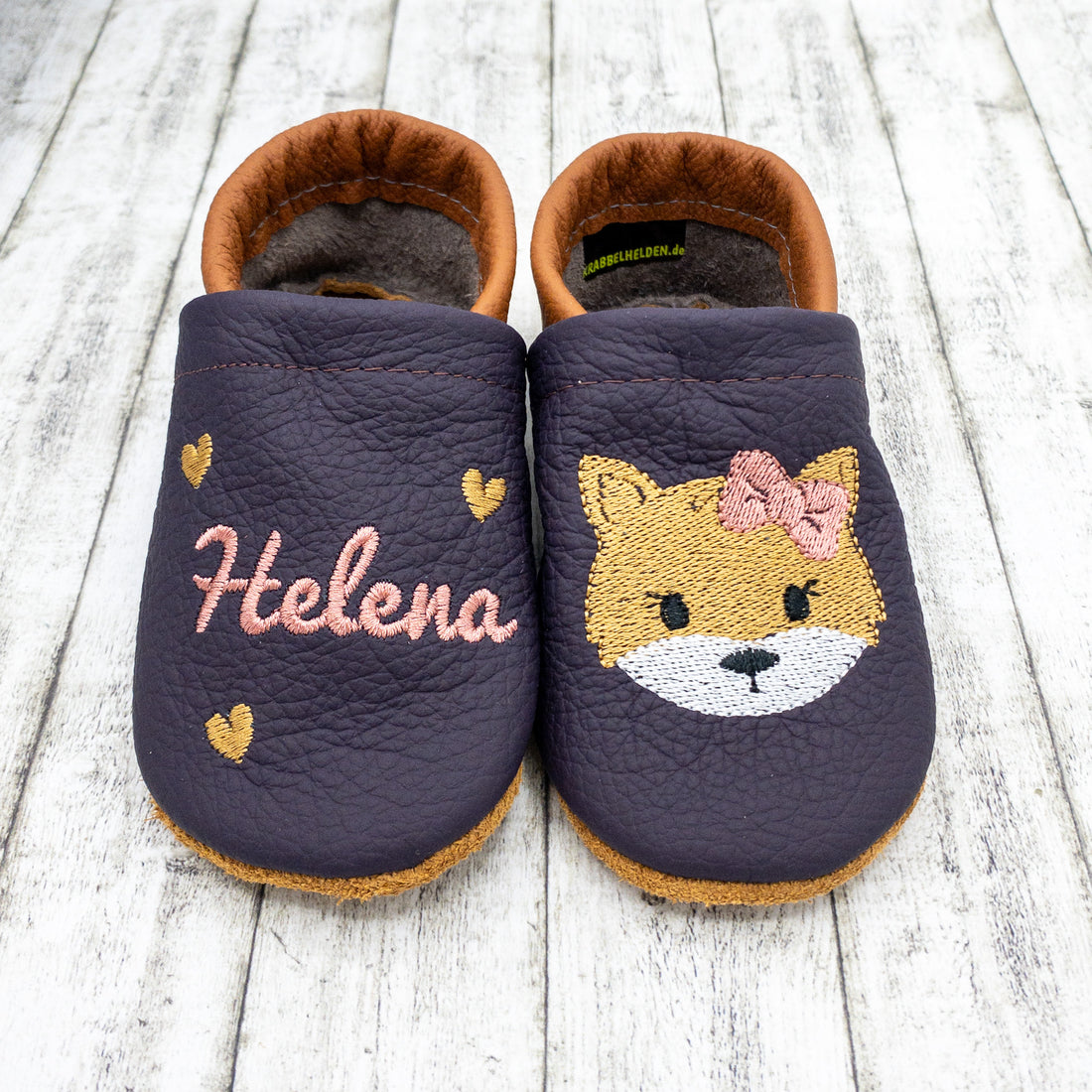 Krabbelschuhe mit Fuchsmädchen und Personalisierung aus Echtleder
