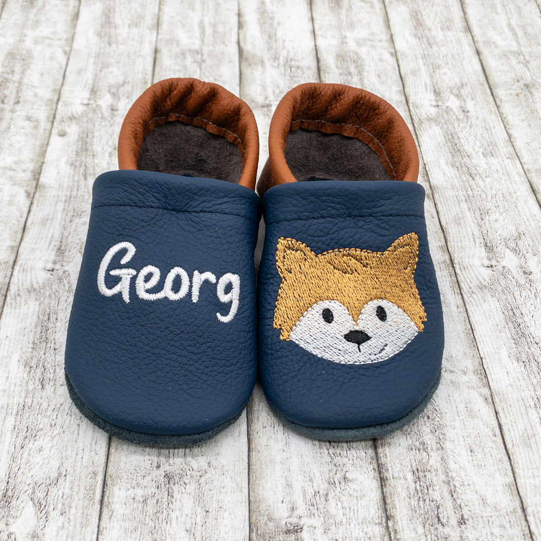Krabbelschuhe mit Fuchs und Personalisierung aus Echtleder