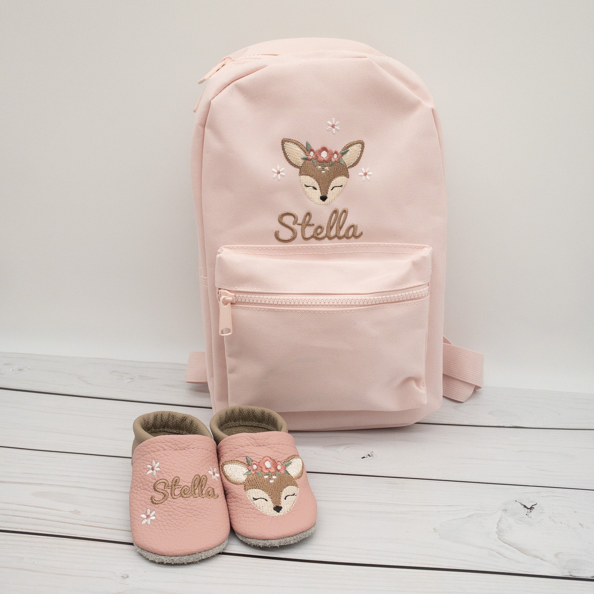 Kita-Start Set - personalisierter Rucksack und Krabbelschuhe mit Reh