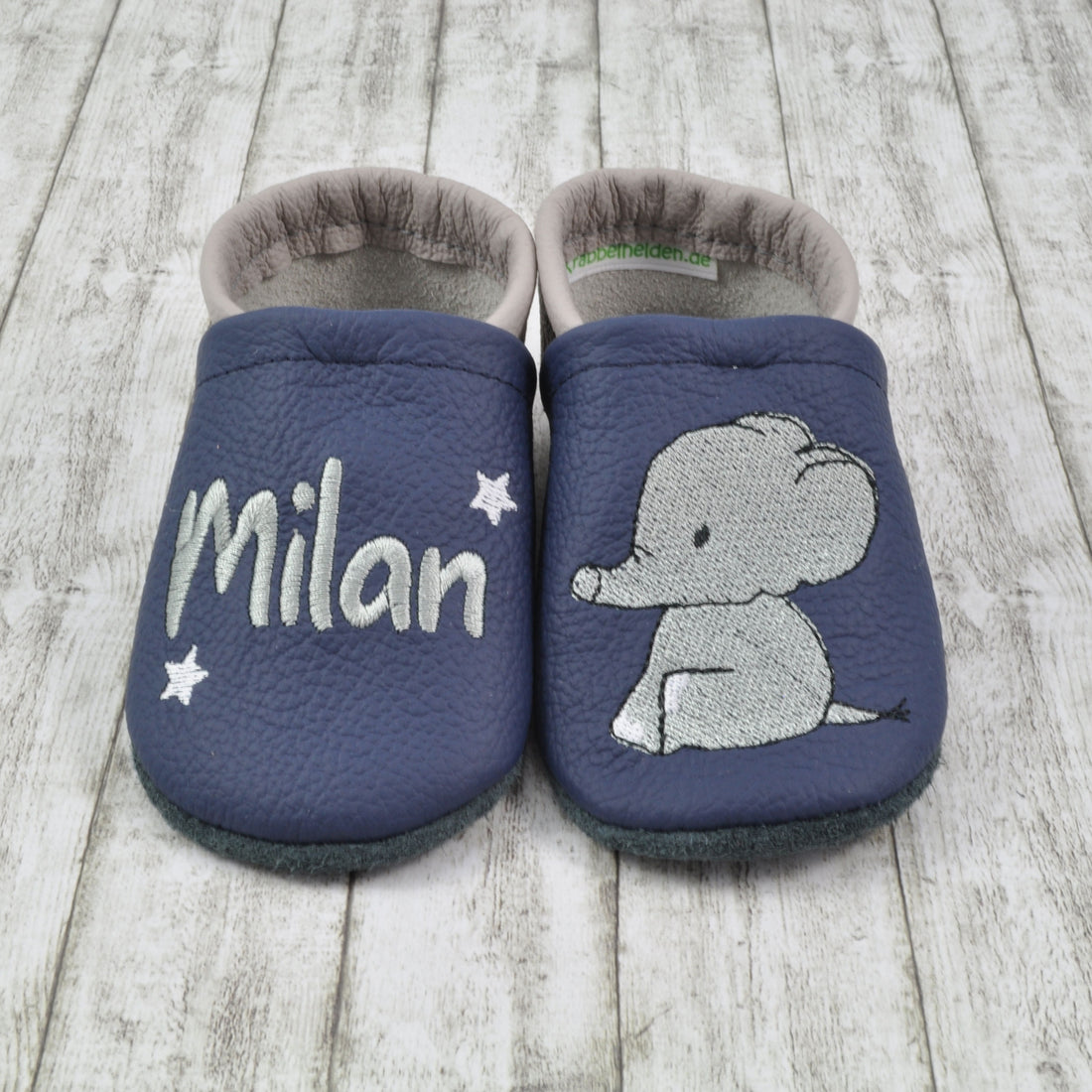 Krabbelschuhe mit Elefant und Personalisierung aus Echtleder