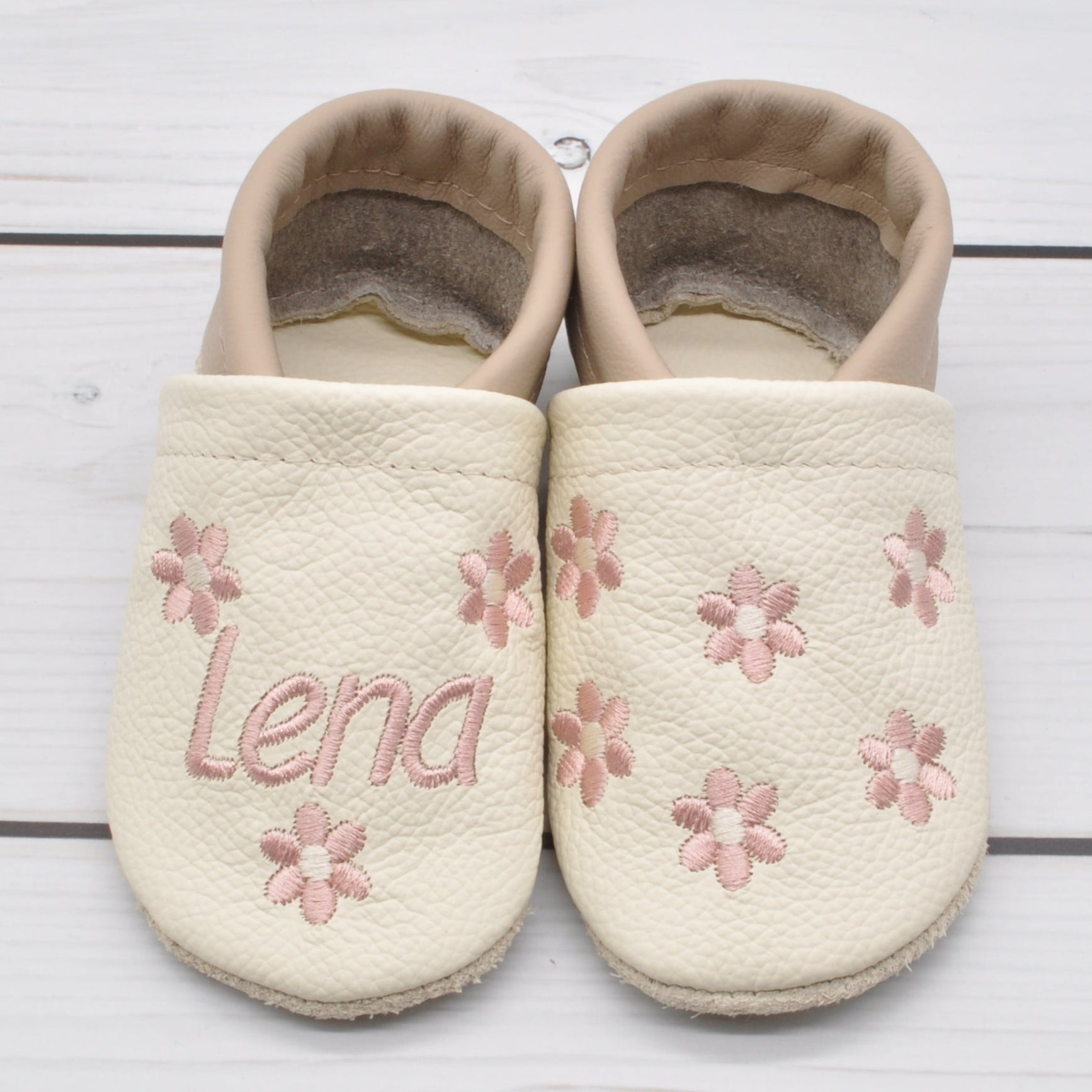 Krabbelschuhe in beige und camel mit rosa Blumen für Lena in Größe 20