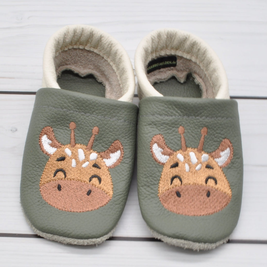 Krabbelschuhe in oliv und beige mit Giraffe in Größe 21