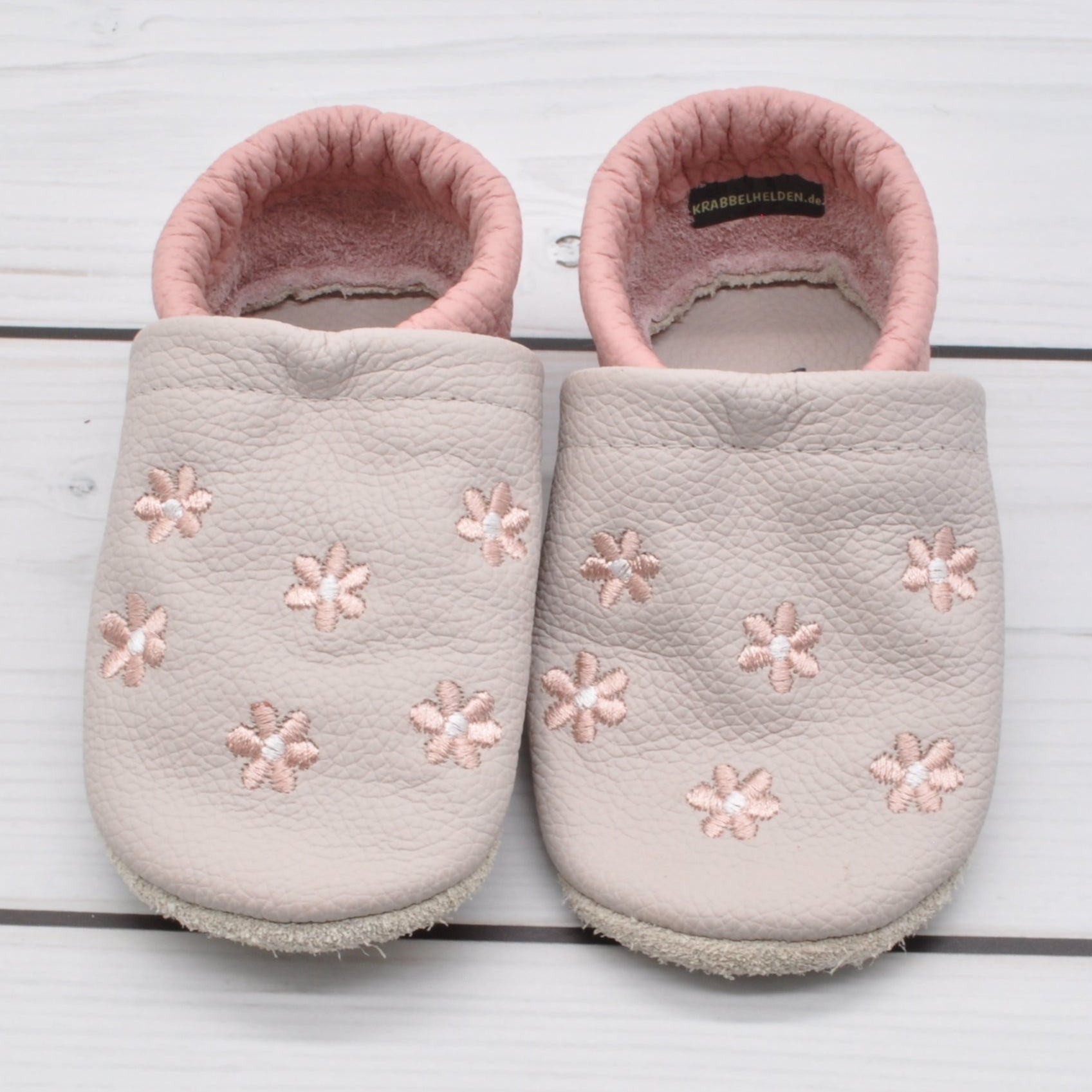 Krabbelschuhe in hellgrau mit rosa und rosa Blumen in Größe 21