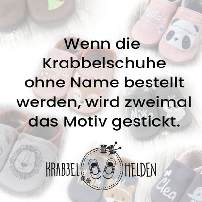 Krabbelschuhe mit Bär im Blumenkranz und Personalisierung aus Echtleder