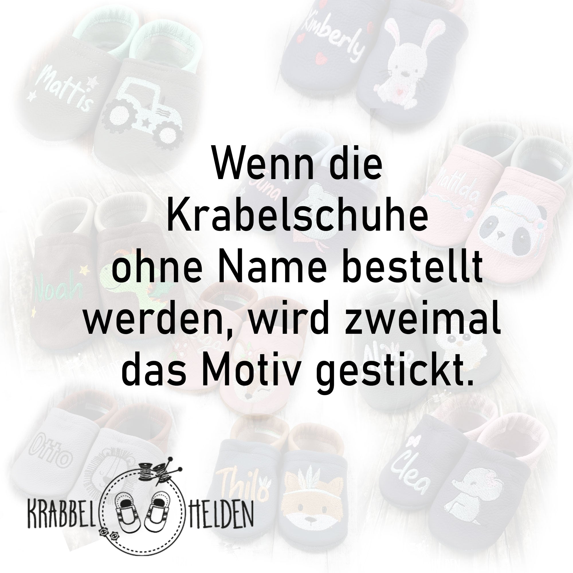 Krabbelschuhe mit Gans mit Blumenkranz und Personalisierung aus Echtleder