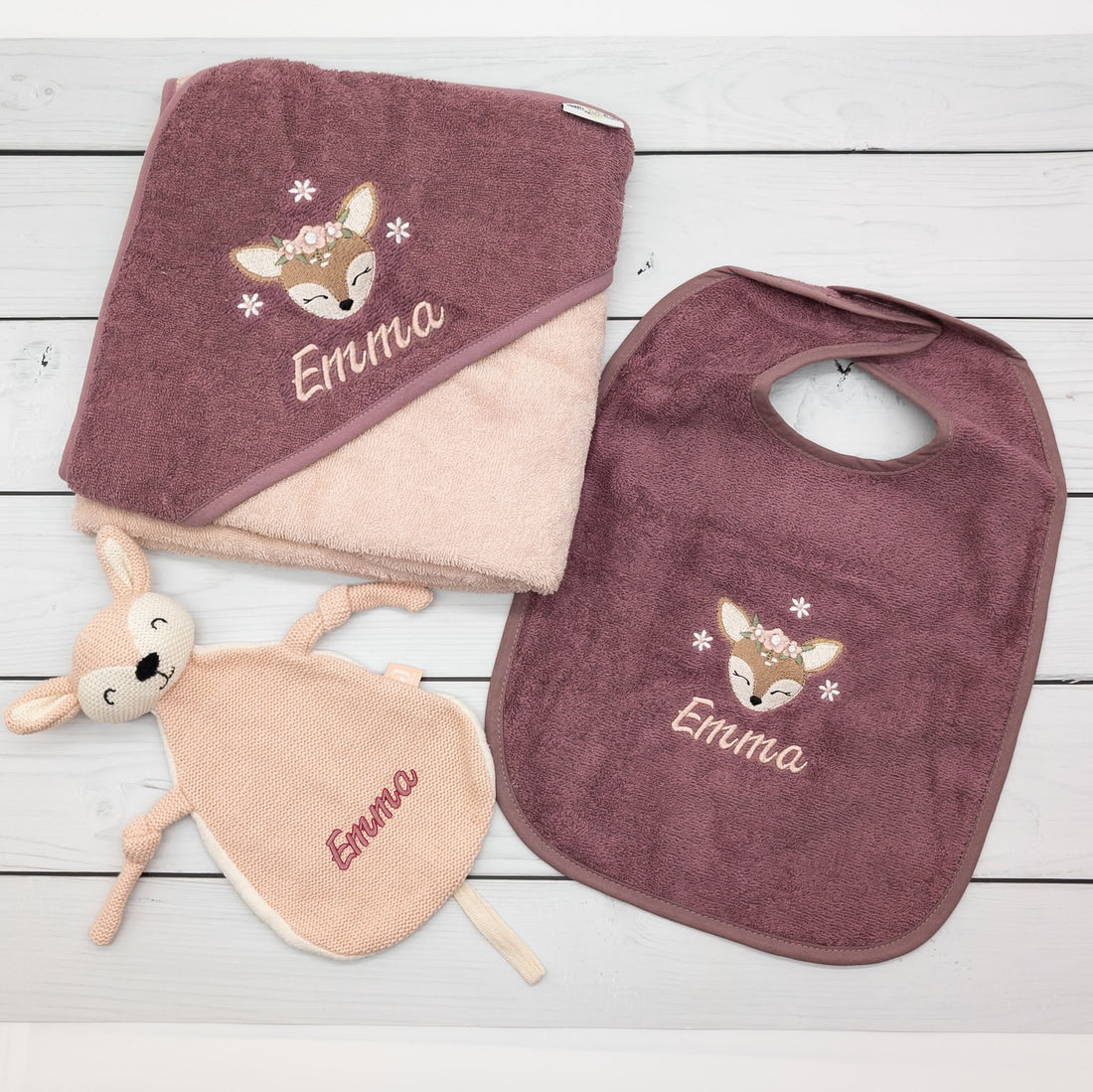 Geschenk-Set Reh - Kapuzenhandtuch und Krabbelschuhe und Schmusetuch