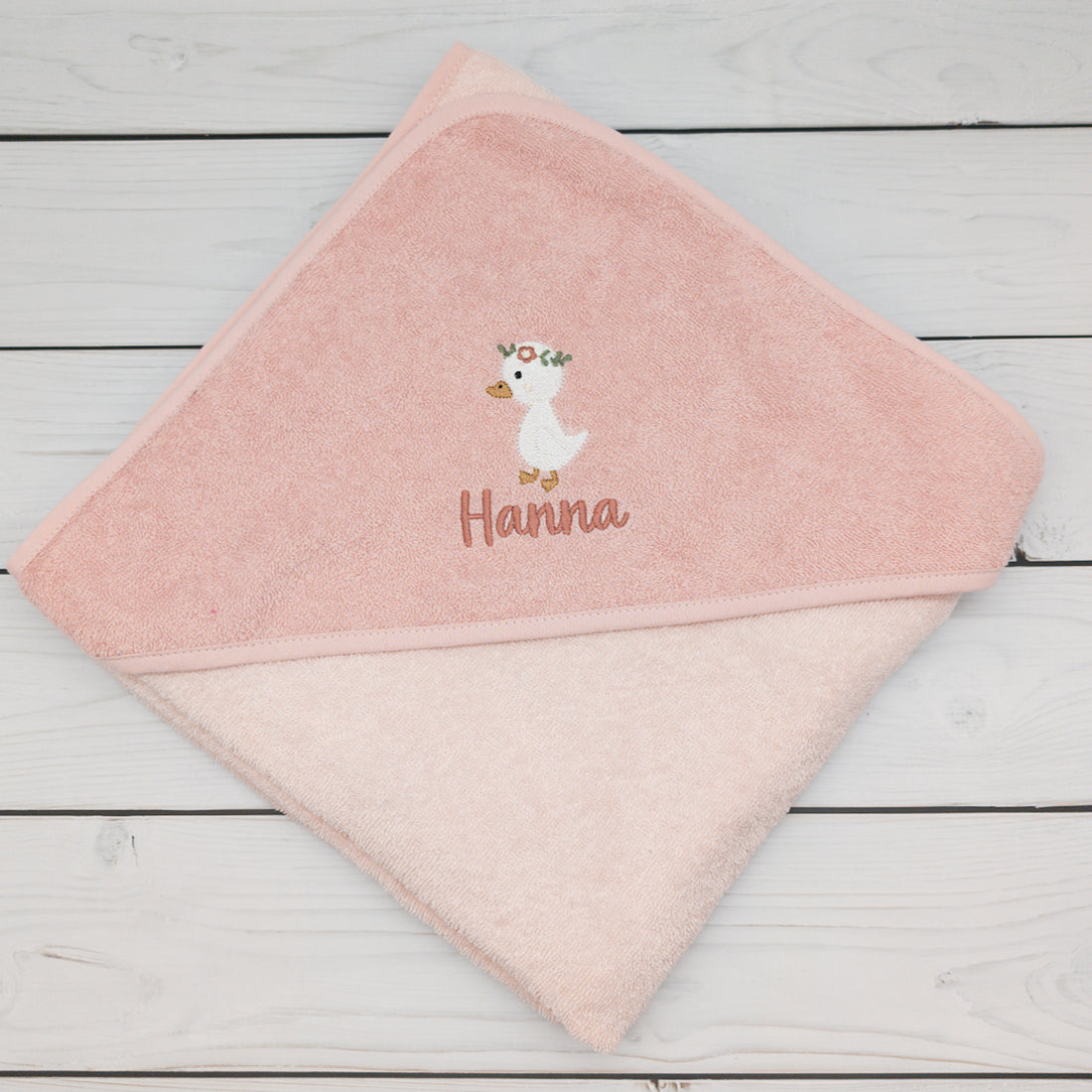 Kapuzenhandtuch mit Gans mit Namen personalisiert