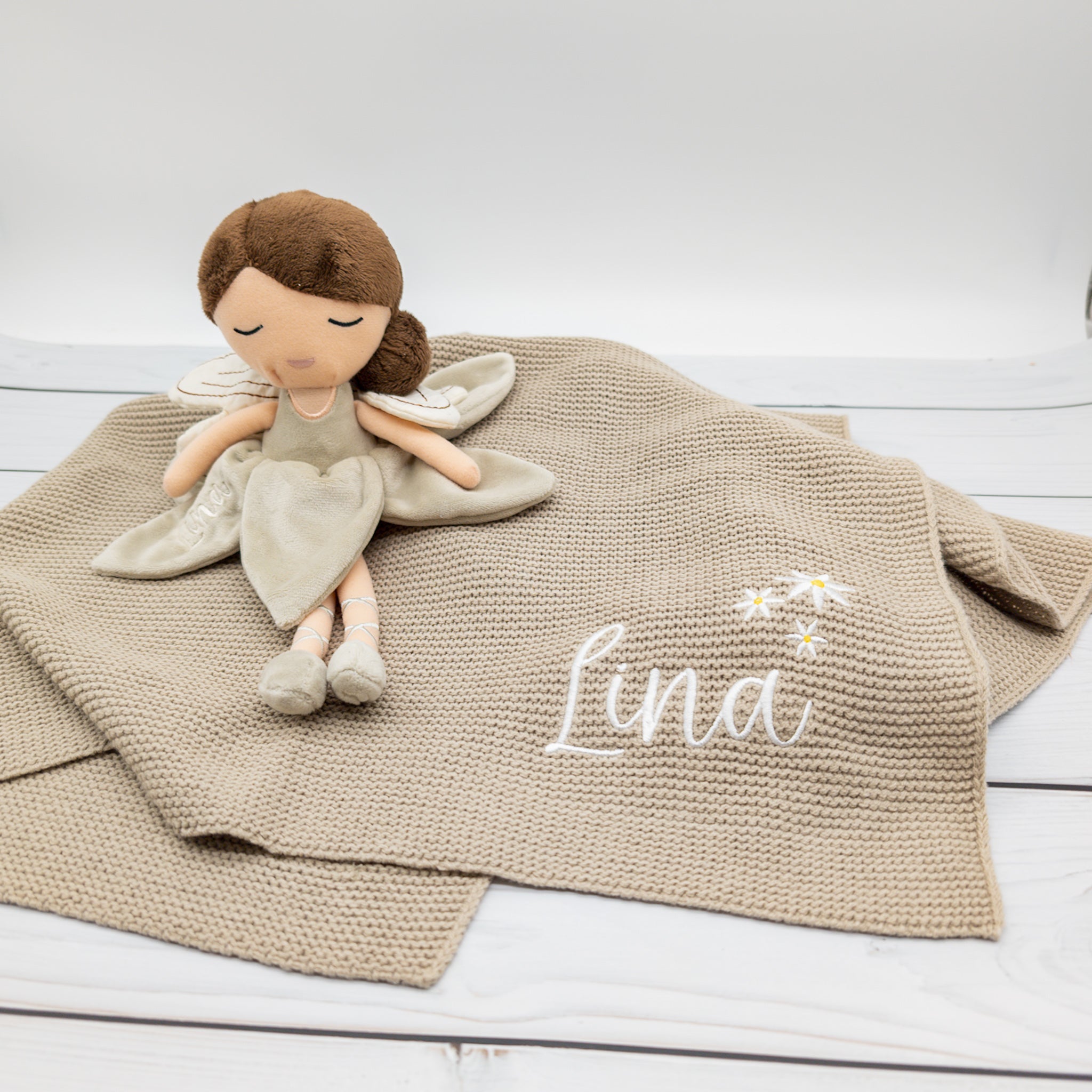 Geschenk-Set Fee - Babydecke und Kuschelpuppe Fee mit Namen bestickt - personalisiertes Geschenk zur Geburt