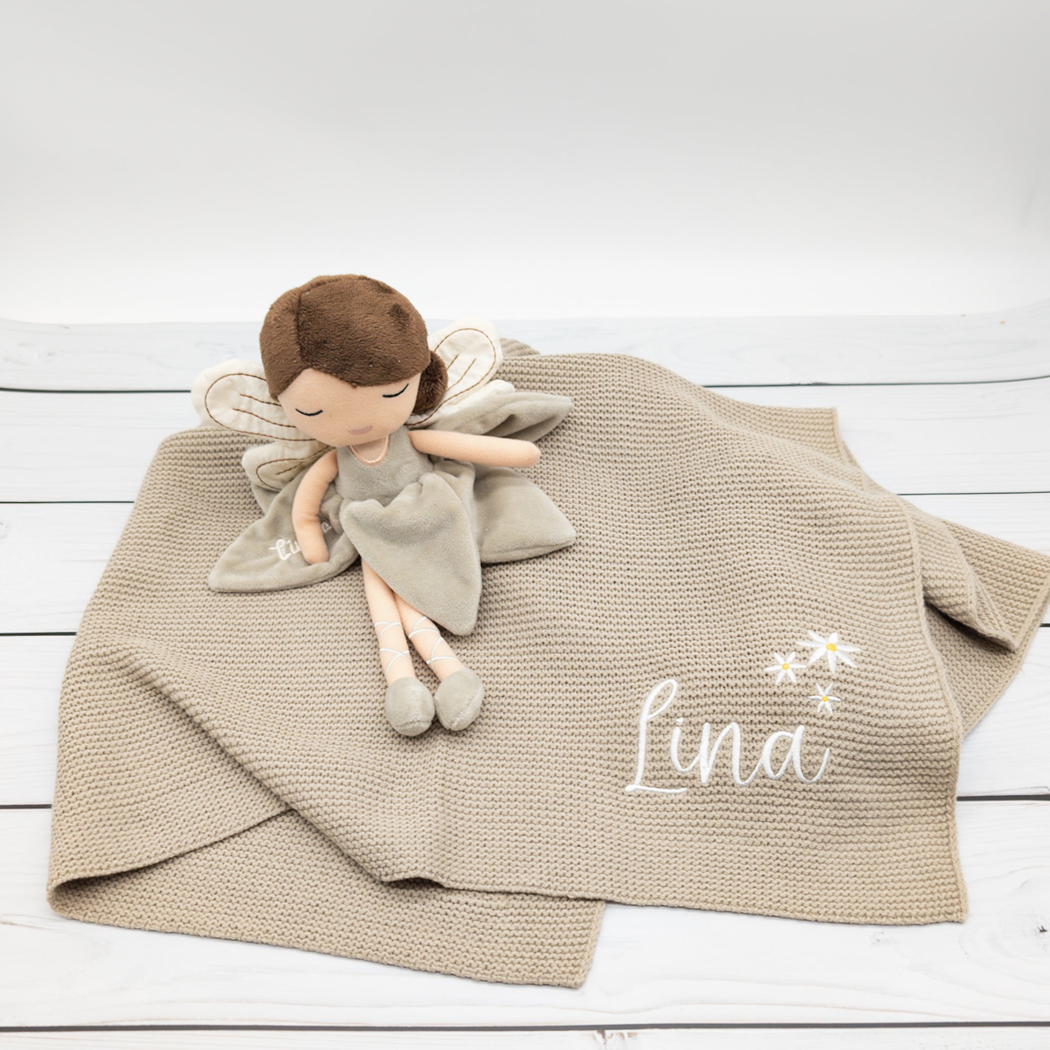 Geschenk-Set Fee - Babydecke und Kuschelpuppe Fee mit Namen bestickt - personalisiertes Geschenk zur Geburt