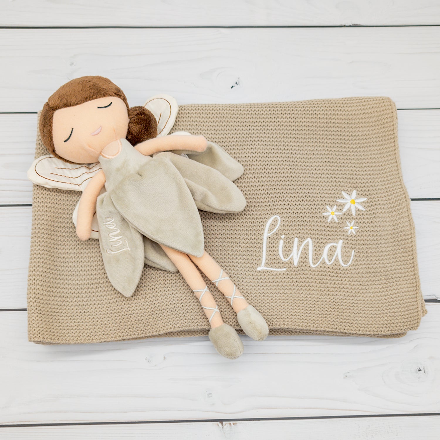 Geschenk-Set Fee - Babydecke und Kuschelpuppe Fee mit Namen bestickt - personalisiertes Geschenk zur Geburt