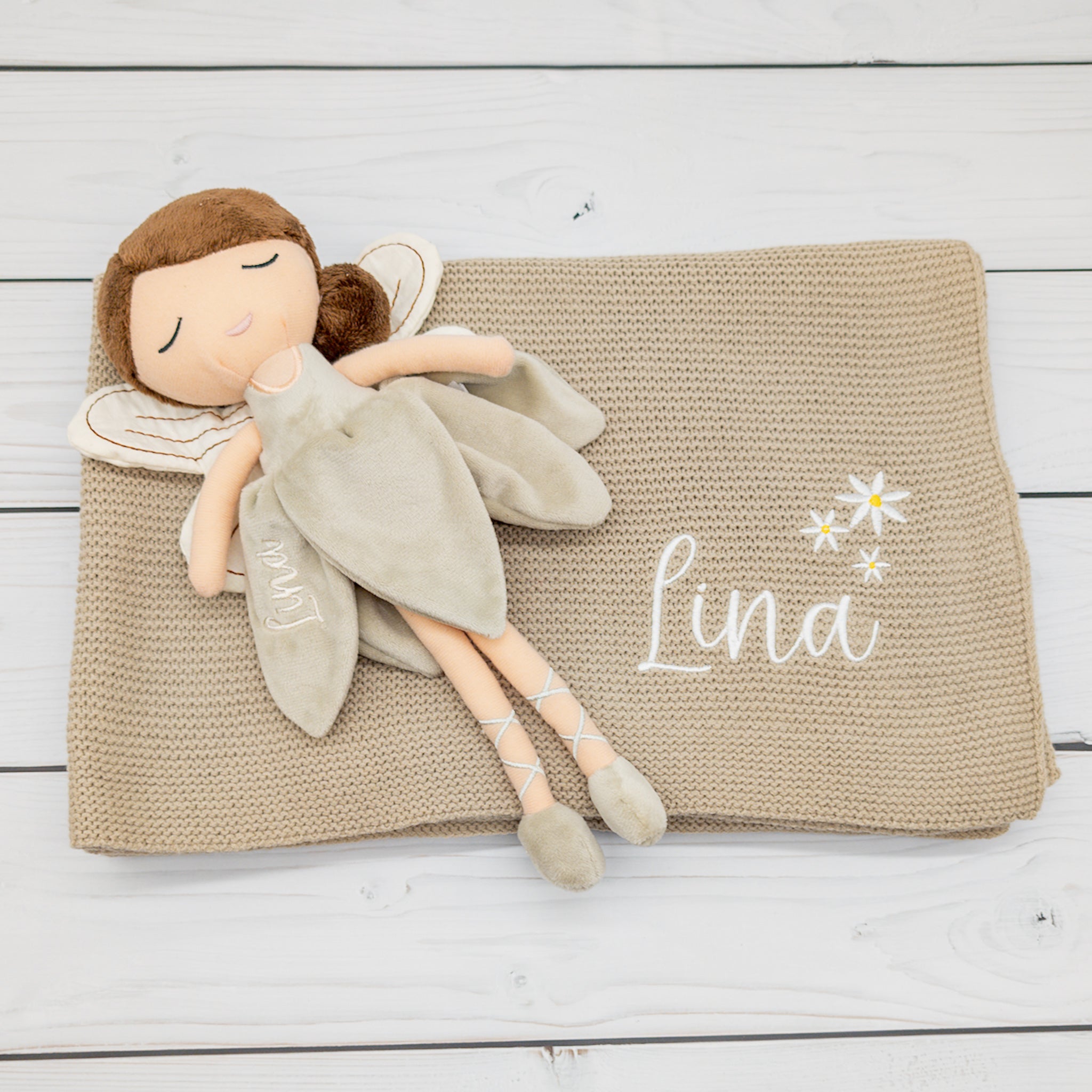 Geschenk-Set Fee - Babydecke und Kuschelpuppe Fee mit Namen bestickt - personalisiertes Geschenk zur Geburt