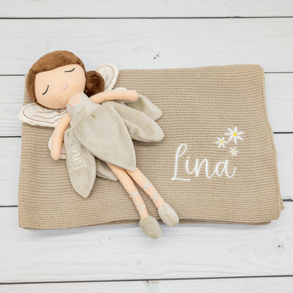 Geschenk-Set Fee - Babydecke und Kuschelpuppe Fee mit Namen bestickt - personalisiertes Geschenk zur Geburt