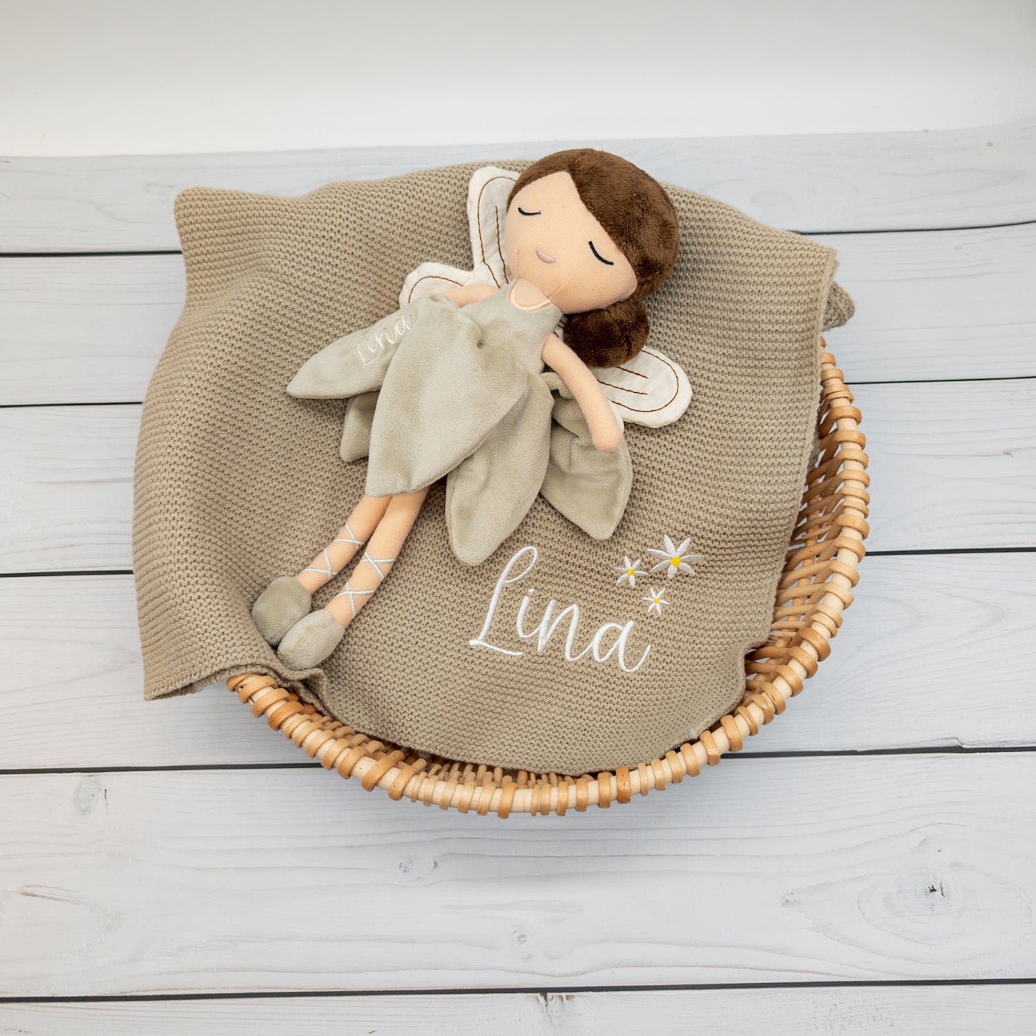 Geschenk-Set Fee - Babydecke und Kuschelpuppe Fee mit Namen bestickt - personalisiertes Geschenk zur Geburt